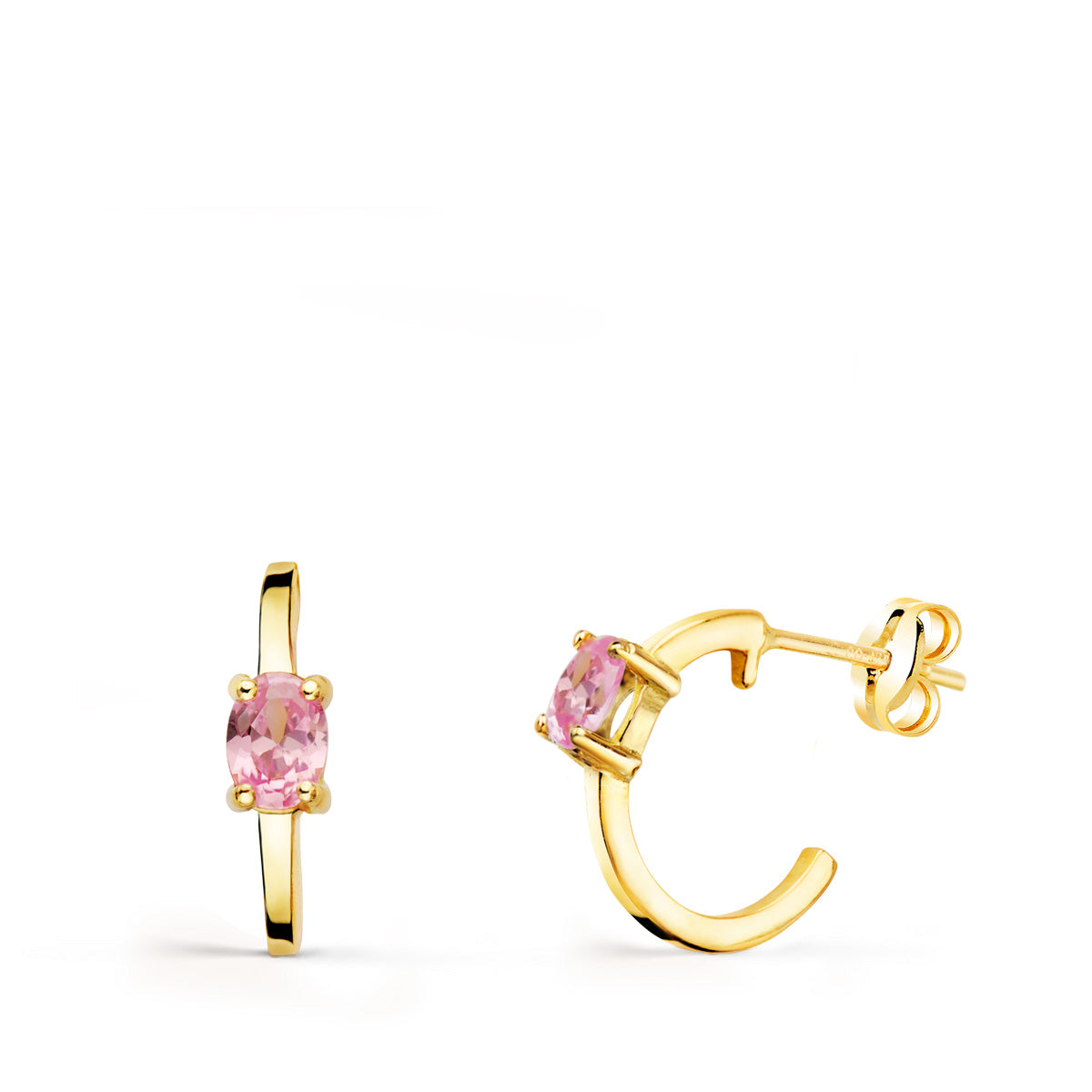 18K Boucles d'oreilles Créoles en Or Jaune et Zircon Rose 12 X 3 Mm. Fermoir Poussettes Papillon