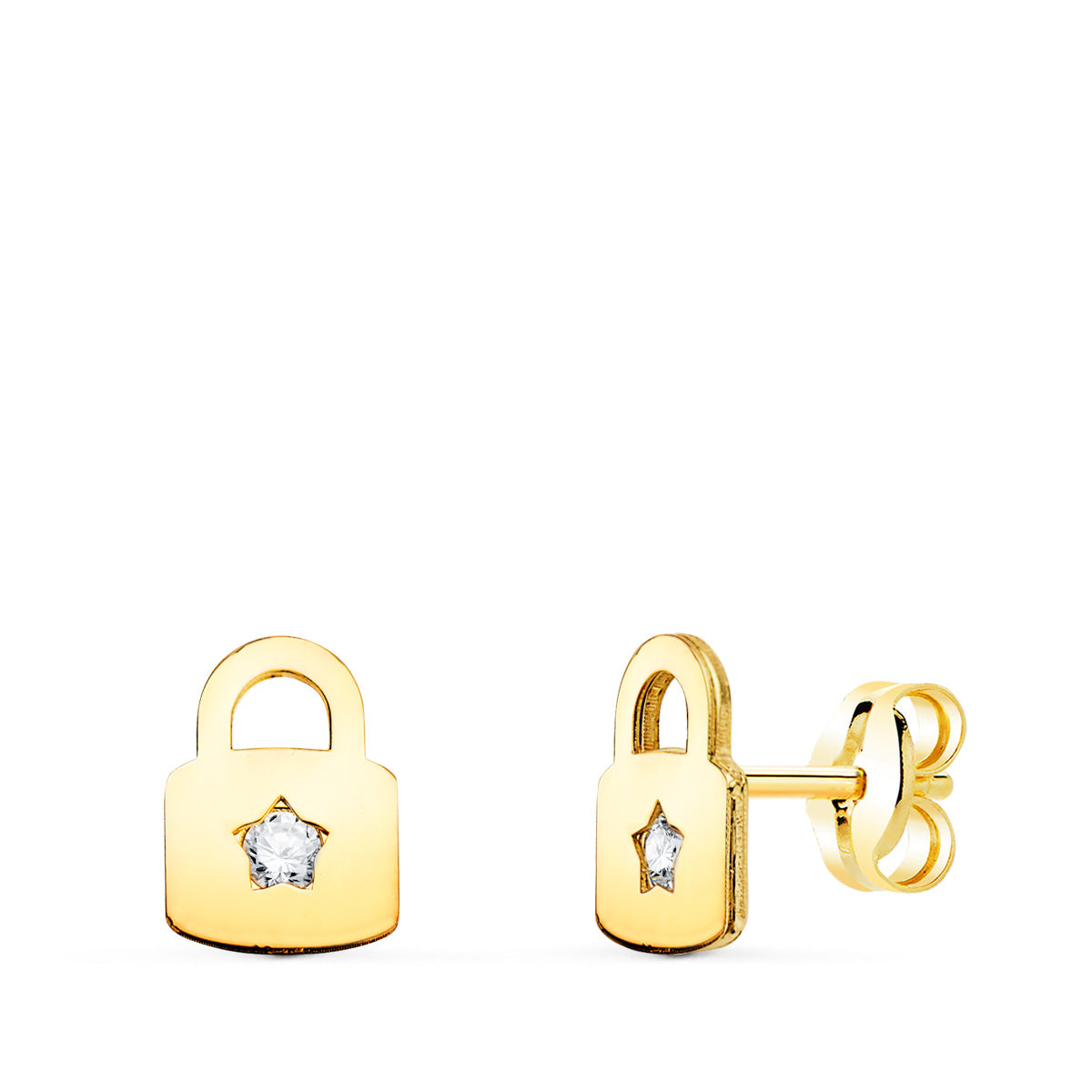 18K Boucles d'oreilles Or Jaune Cadenas avec Zircon. Fermoir Poussettes. 8X6 mm