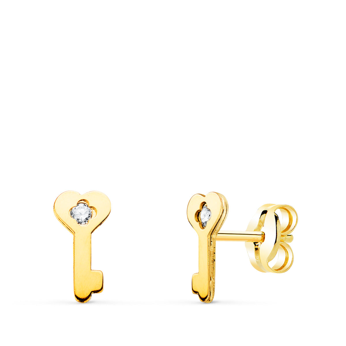 18K Yellow Gold Key Earrings with Zircon. Stroller clasp. 8X4mm