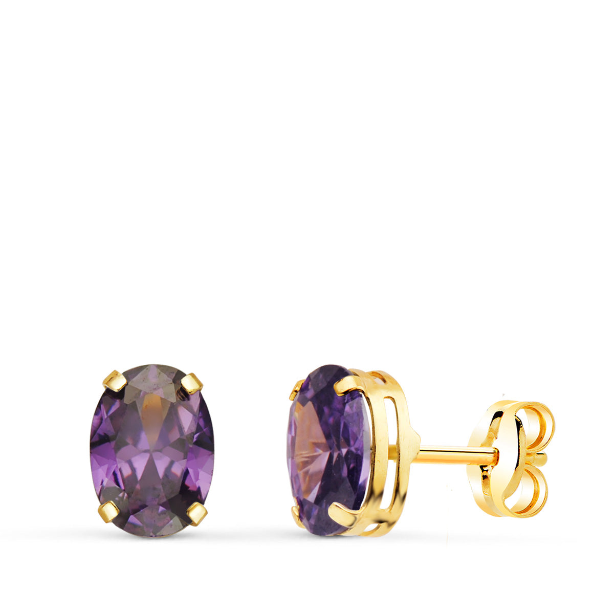 Boucles d'oreilles Or Jaune 18K Pierre Amethyste Ovale 7 X 5 mm Fermoir Fermoir Pousseettes Papillon