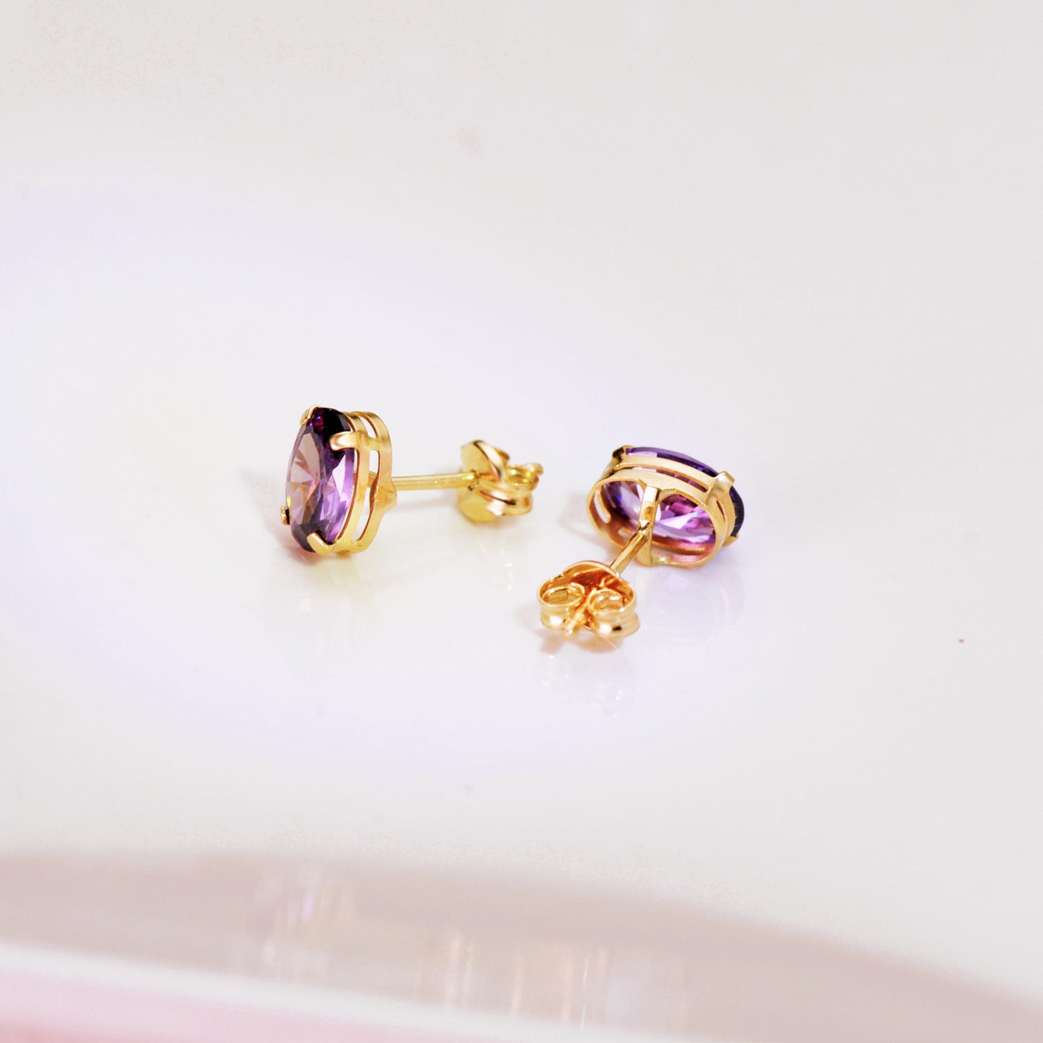 Boucles d'oreilles Or Jaune 18K Pierre Amethyste Ovale 7 X 5 mm Fermoir Fermoir Pousseettes Papillon