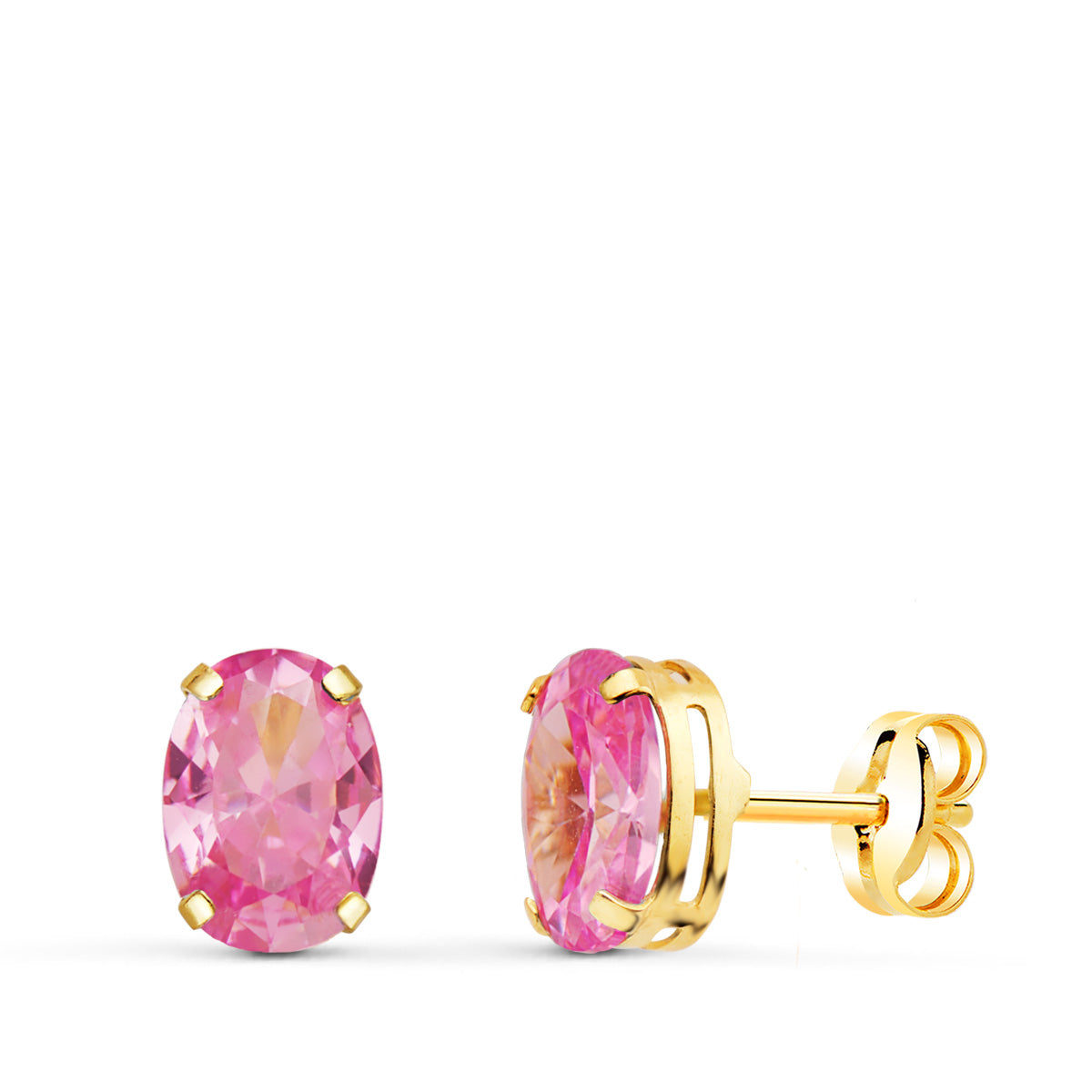 18K Clous d'oreilles Or Jaune Ovale Pierre Rose 7X5 Mm. Fermoir Poussettes