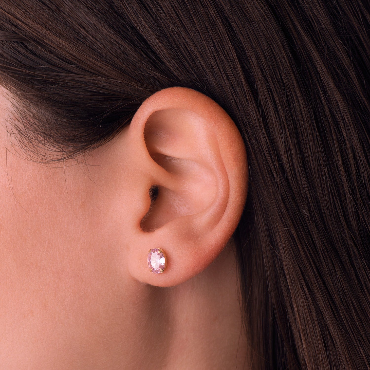 18K Clous d'oreilles Or Jaune Ovale Pierre Rose 7X5 Mm. Fermoir Poussettes
