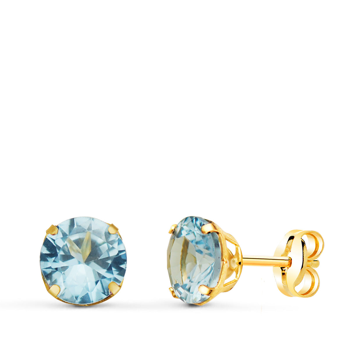Boucles d'oreilles Or Jaune 18K Ronde Pierre Bleue 6 mm Fermoir Fermoir Pousseettes Papillon