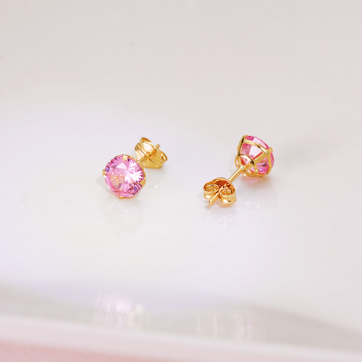 Boucles d'oreilles Rondes en Or Jaune 18K Pierre Rose 6 mm Fermoir Fermoir Pousseettes Papillon