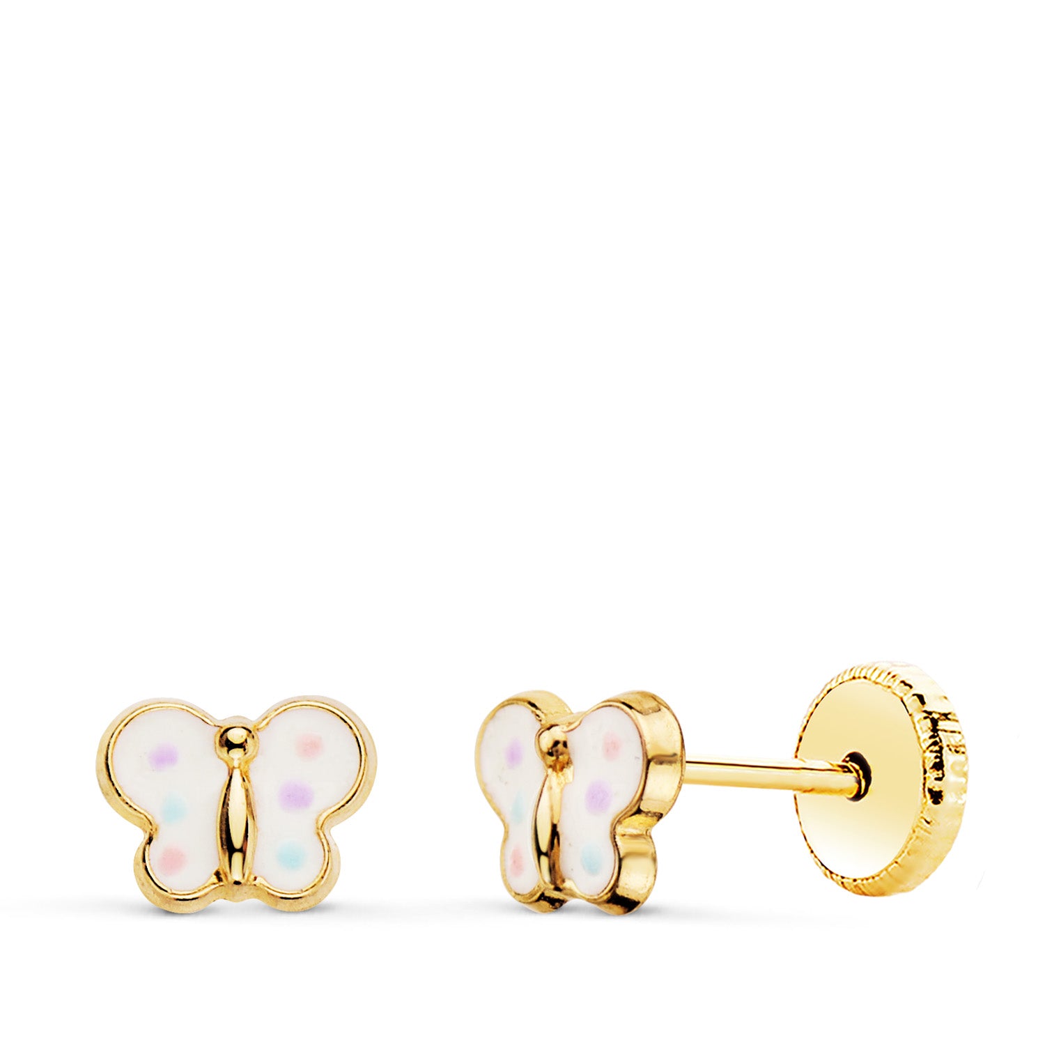 18K Boucles d'oreilles Or Jaune Papillon Email 6 X 4,5 Mm. Fermoir à Vis
