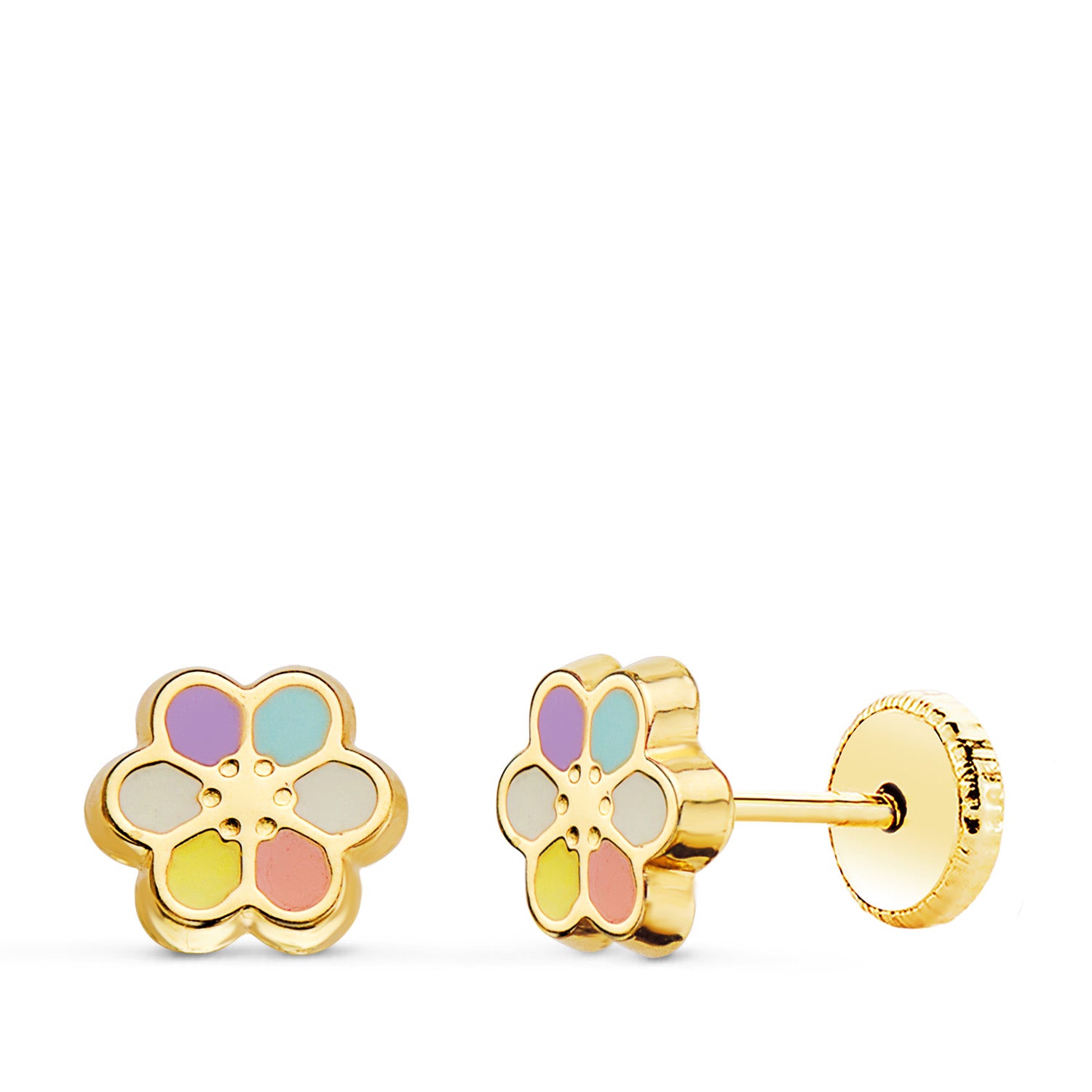 Pendientes Oro Amarillo 18K Esmalte Flor 7 X 7 mm Cierre Rosca