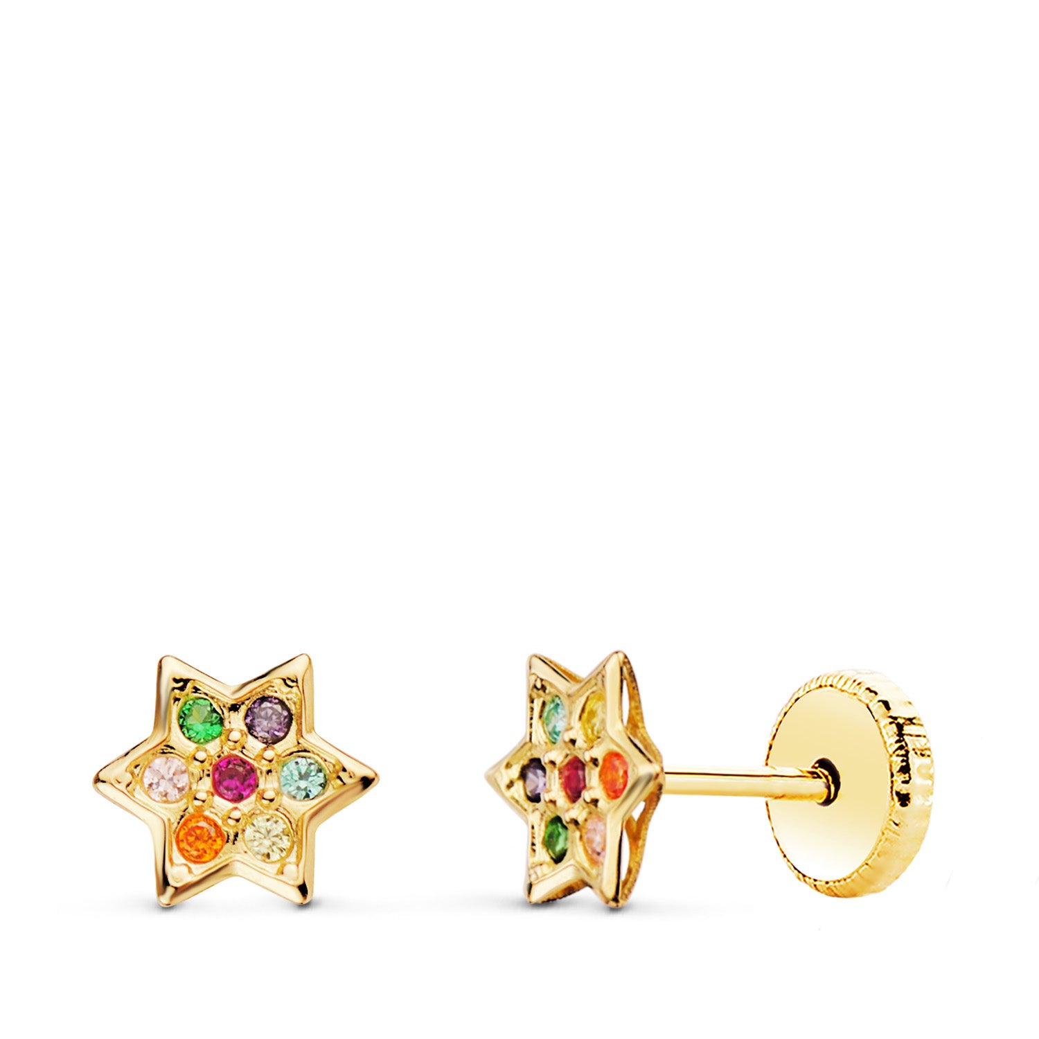 18K Clous d'oreilles Or Jaune Étoiles avec Zircons Couleurs 6X6MM. Fermoir à Vis