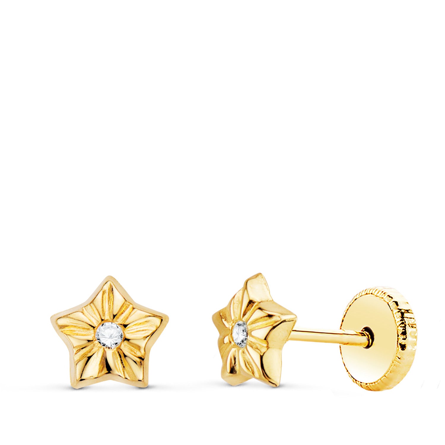 Pendientes Oro Amarillo 18K Estrella con Circonitas 5X5 Mm. Cierre de tornillo