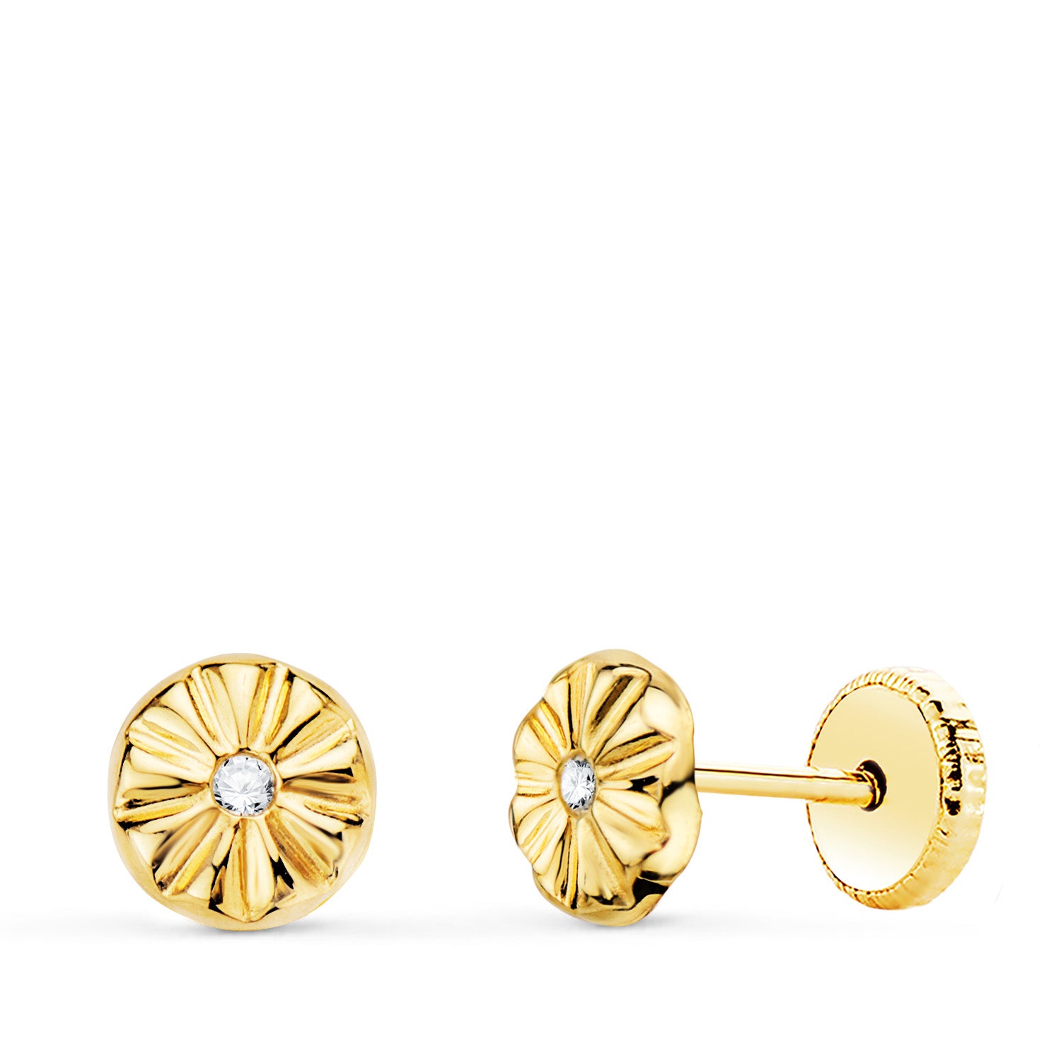 18K Boucles d'oreilles Or Jaune Rondes avec Zircons 5X5 mm Fermoir à Vis