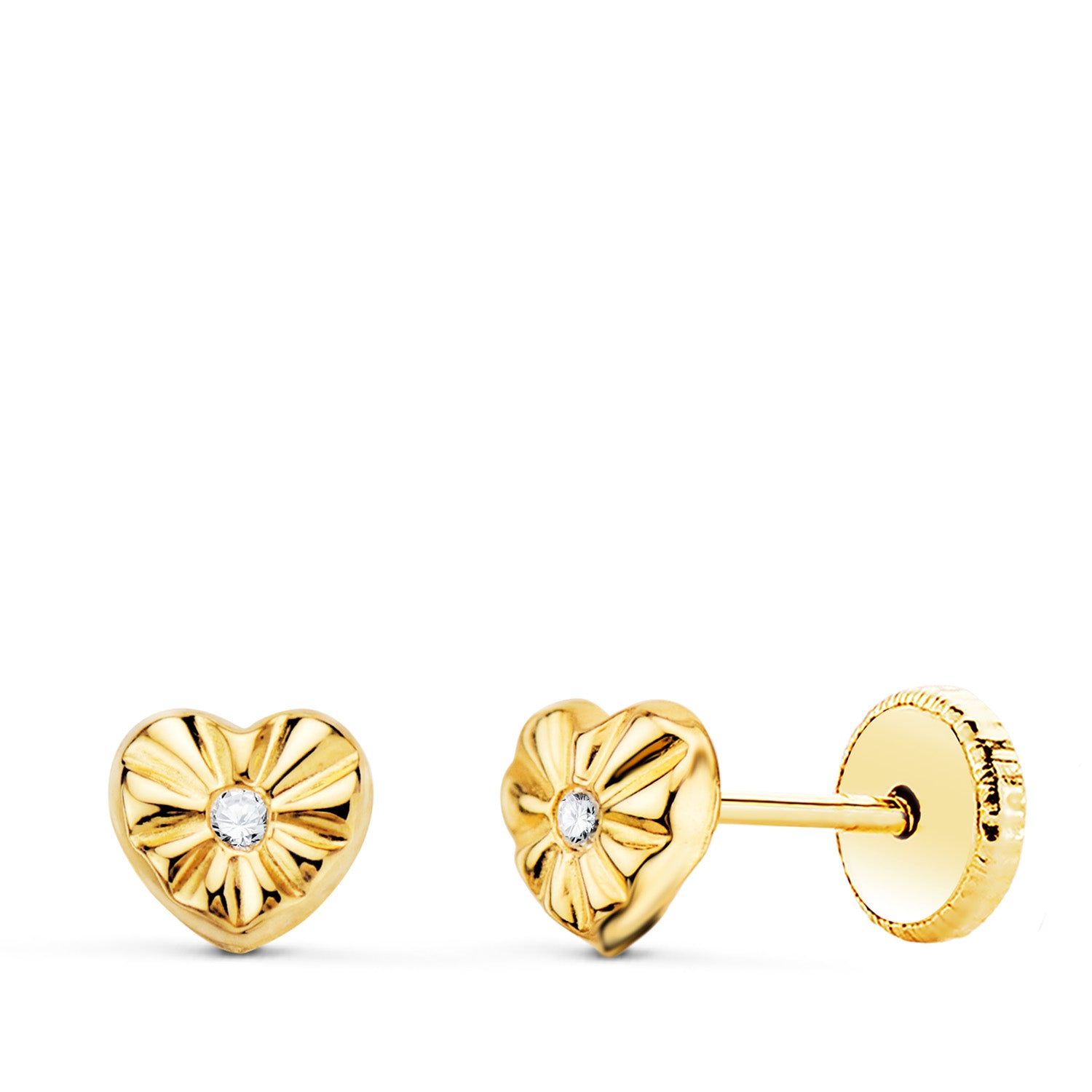 Pendientes Oro Amarillo 18K Corazón con Circonitas 5X5 mm Cierre Rosca