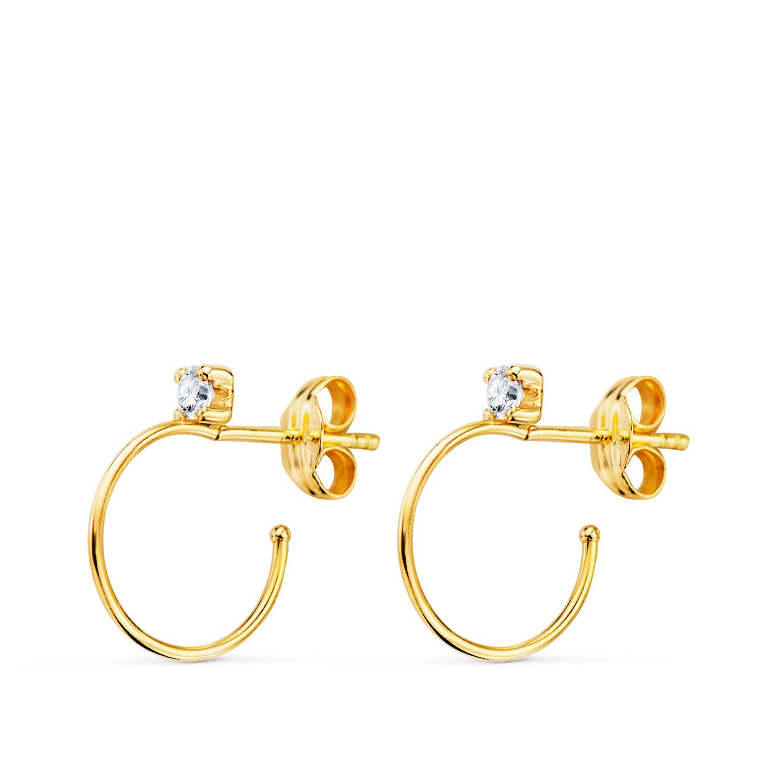 18K Boucles d'oreilles Créoles Or Jaune Fil 0.5 mm avec Zircons 14 mm Fermoir Poussettes