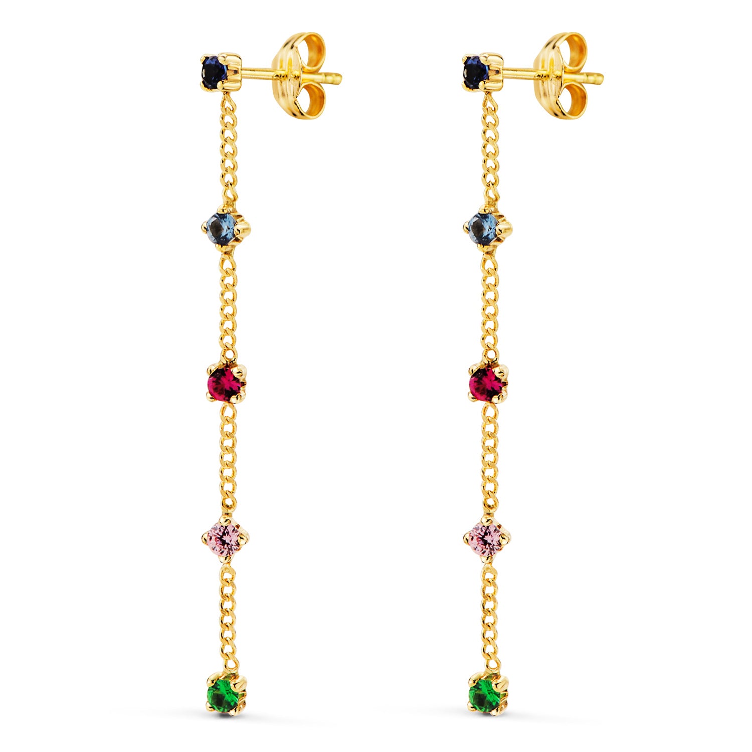 18K Boucles d'oreilles Longues avec Chaîne et Zircons Couleurs 39 Mm. Fermoir Poussettes
