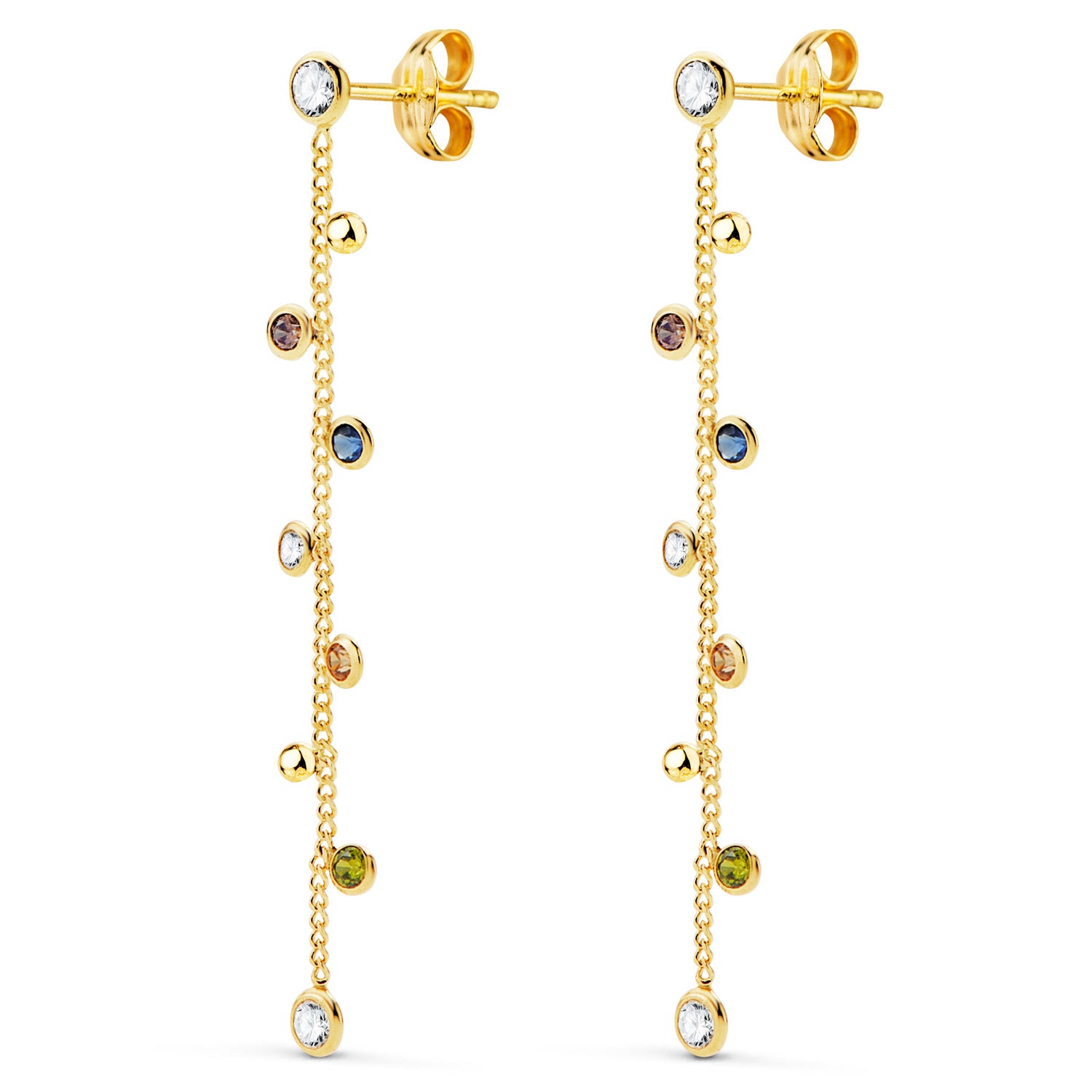 18K Long Earrings with Chain and Colored Zircons 45 Mm. Push Clasp
