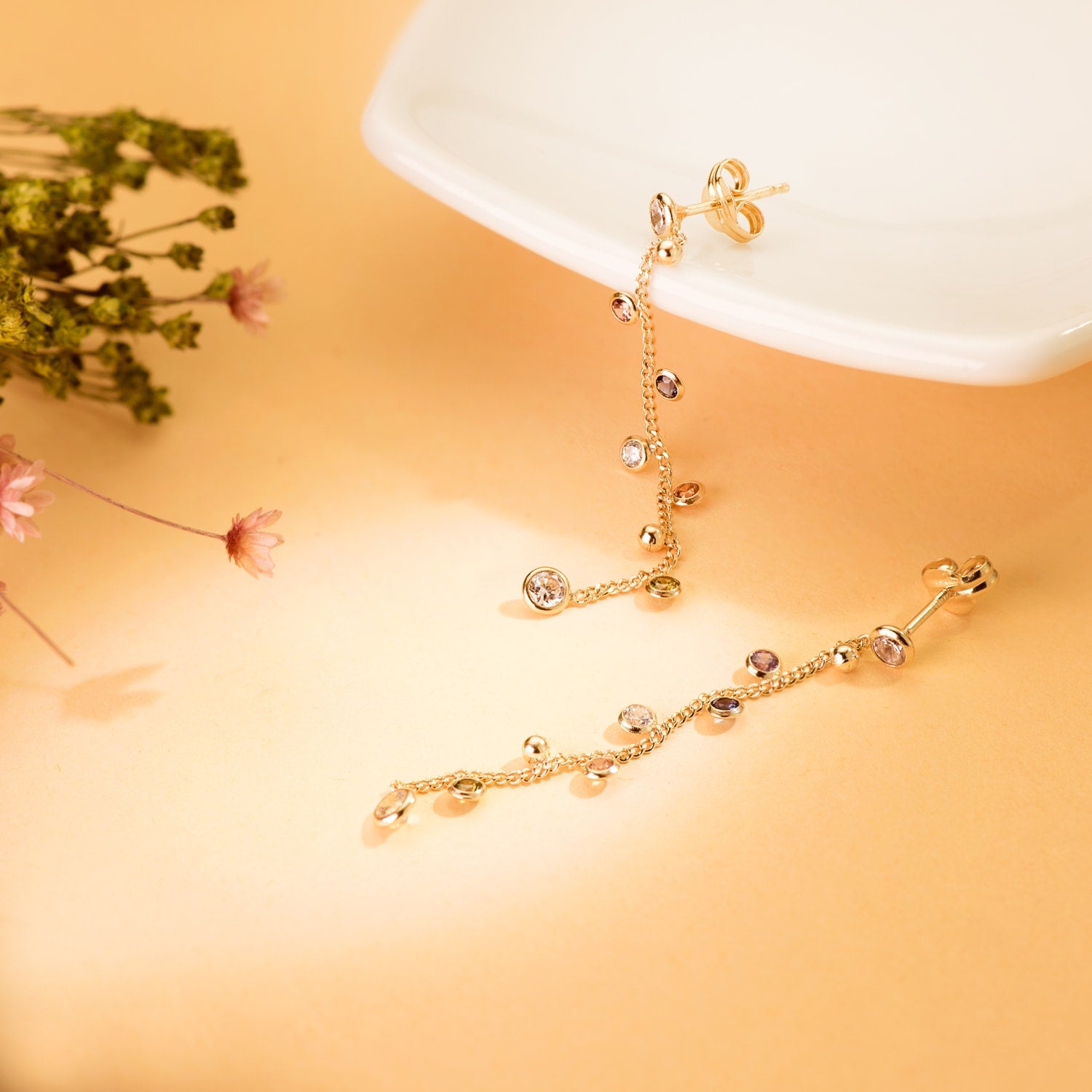 18K Long Earrings with Chain and Colored Zircons 45 Mm. Push Clasp