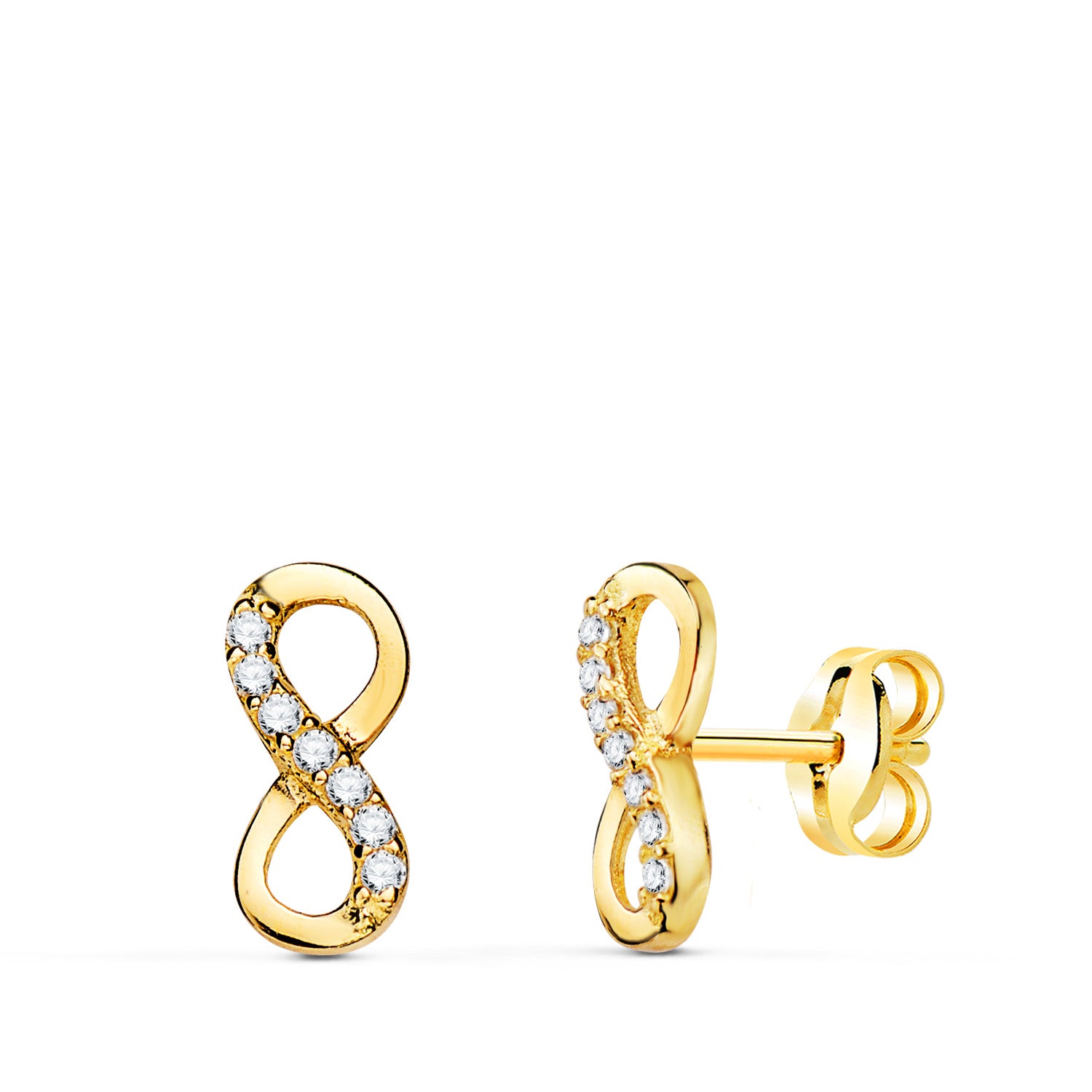 18K Boucles d'oreilles Or Jaune Infini avec Zircons 9,5 X 4 Mm. Fermoir Poussettes Papillon