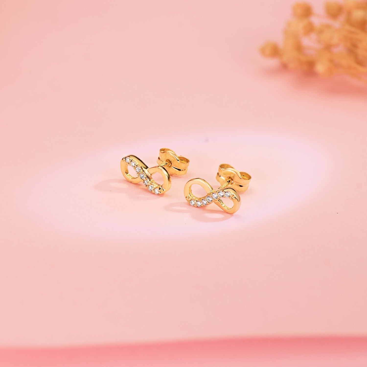 18K Boucles d'oreilles Or Jaune Infini avec Zircons 9,5 X 4 Mm. Fermoir Poussettes Papillon