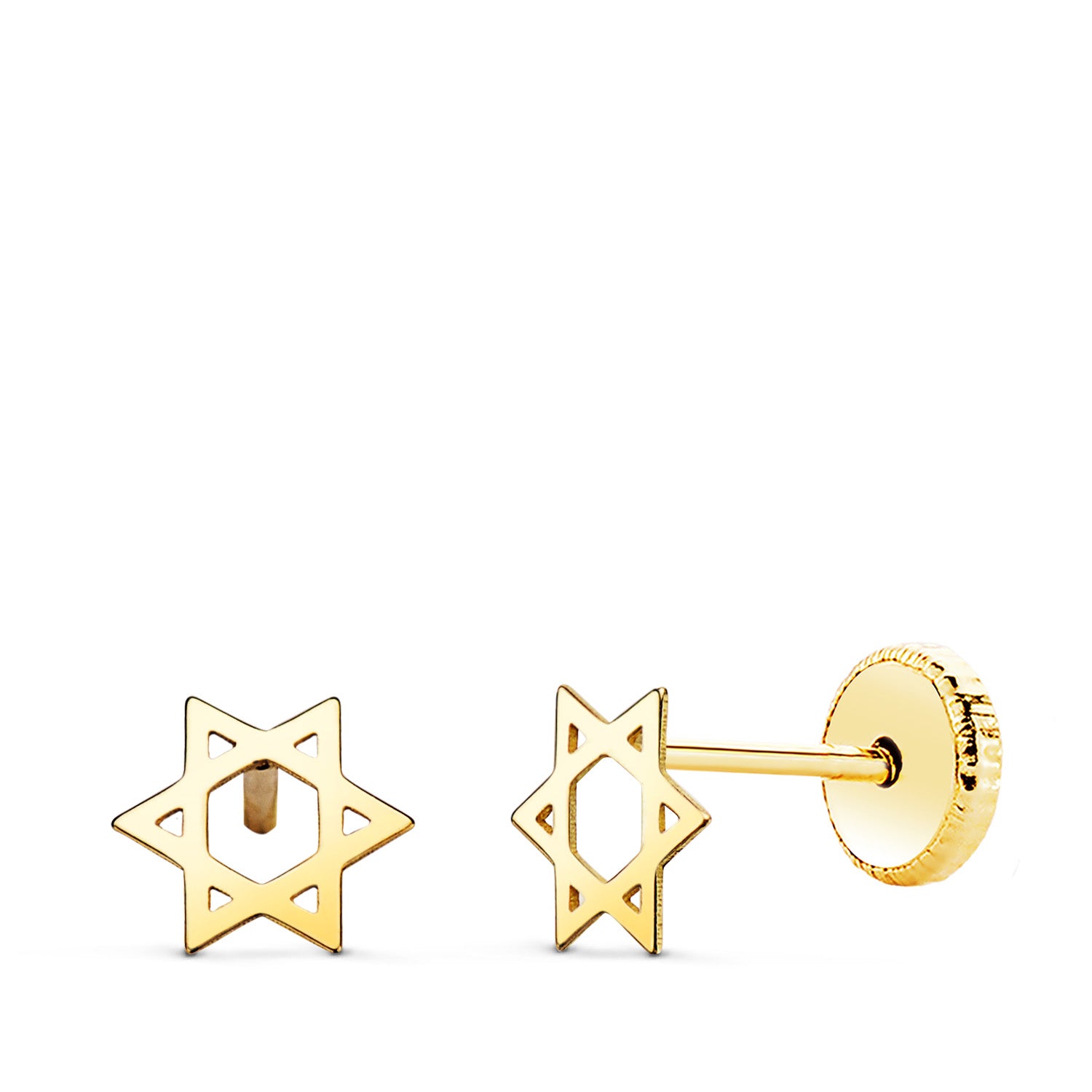 18K Boucles d'oreilles Or Jaune Étoile David 6 X 5,5 mm Fermoir à Vis