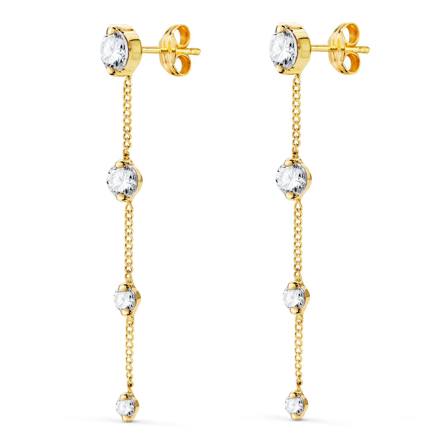 18K Long Earrings with Chain and Zircons 46 Mm. Push Clasp