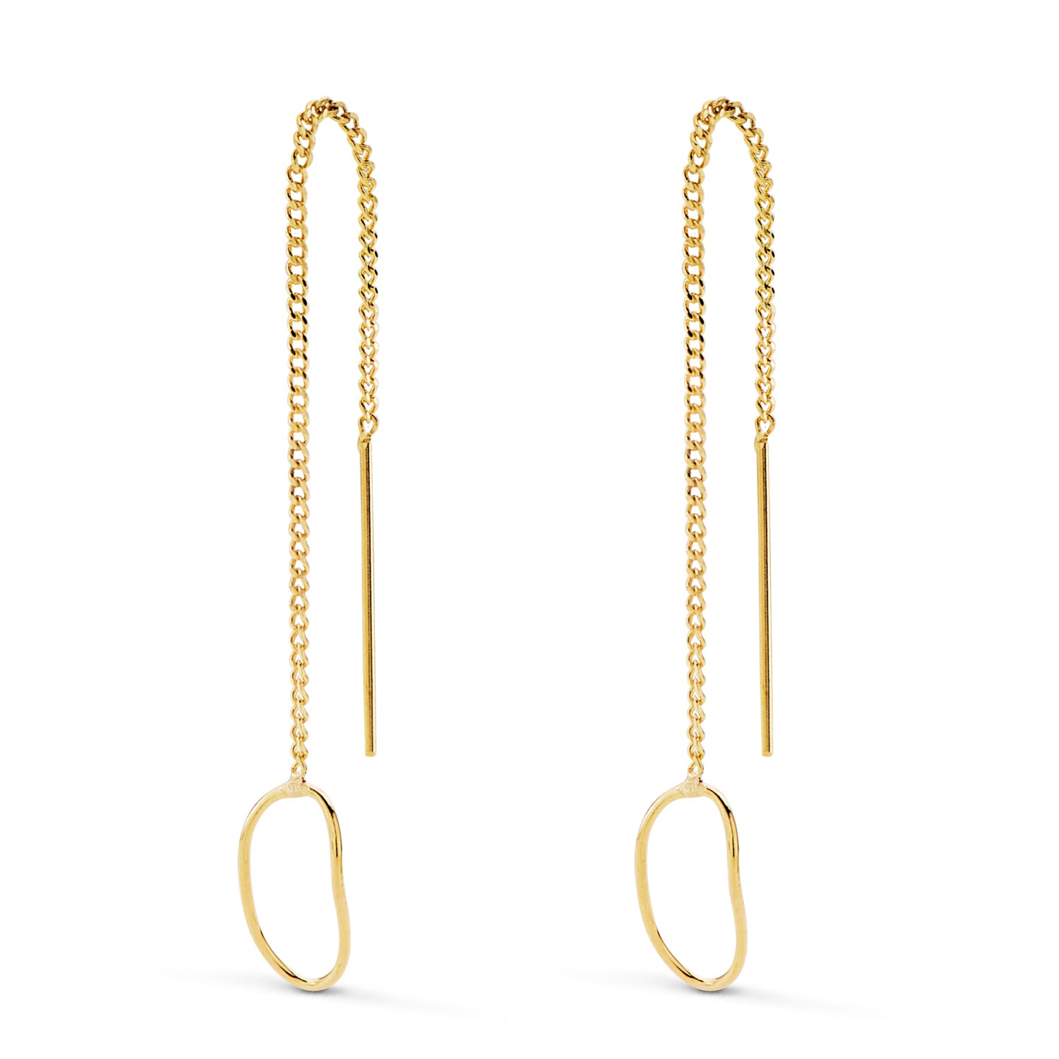 18K Yellow Gold Dangling Earrings with Chain and Oval Pattern. Length 76MM