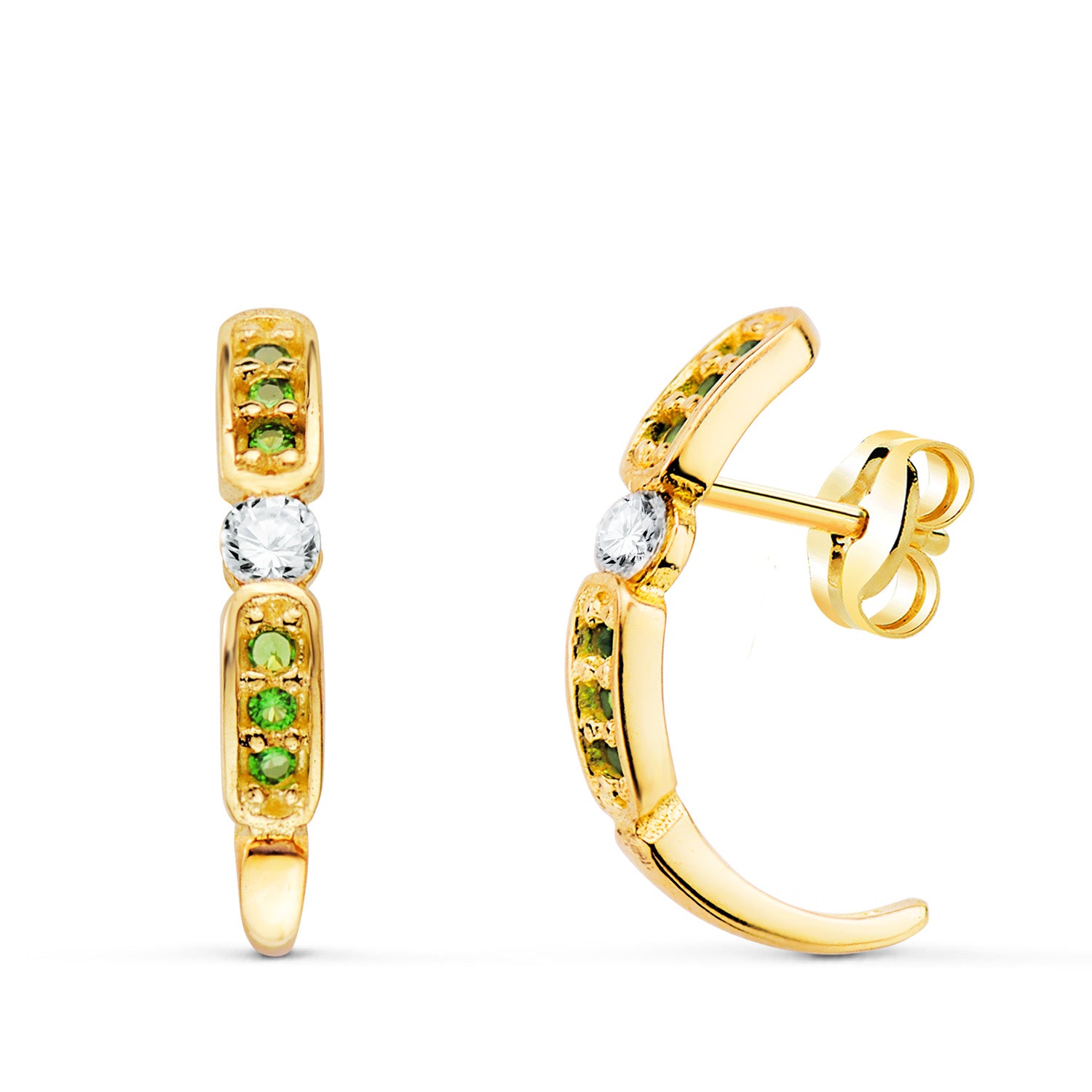 18K Boucles d'oreilles Or Jaune Demi-créole avec Zircons Verts 16 X 3 mm Fermoir Poussettes