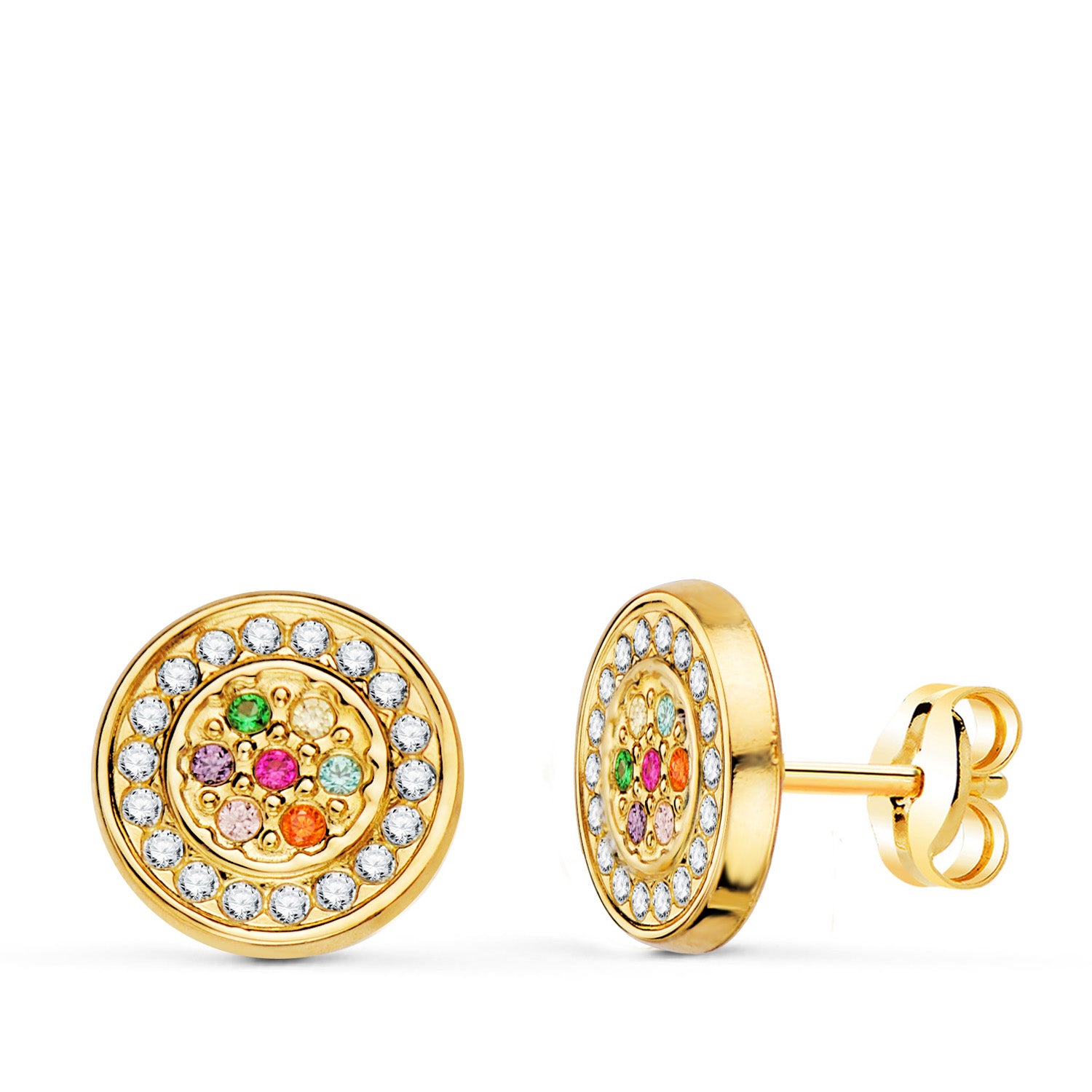 18K Boucles d'oreilles Or Jaune Ronds avec Zircons de Couleurs 9 Mm. Fermoir Poussettes