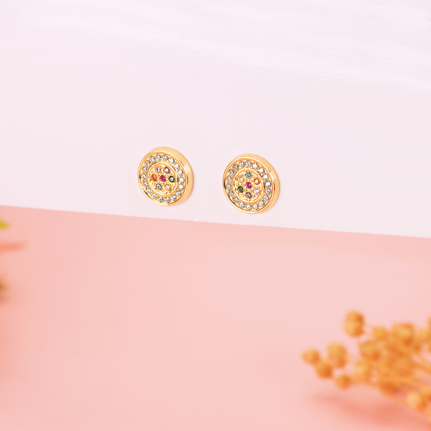 18K Boucles d'oreilles Or Jaune Ronds avec Zircons de Couleurs 9 Mm. Fermoir Poussettes