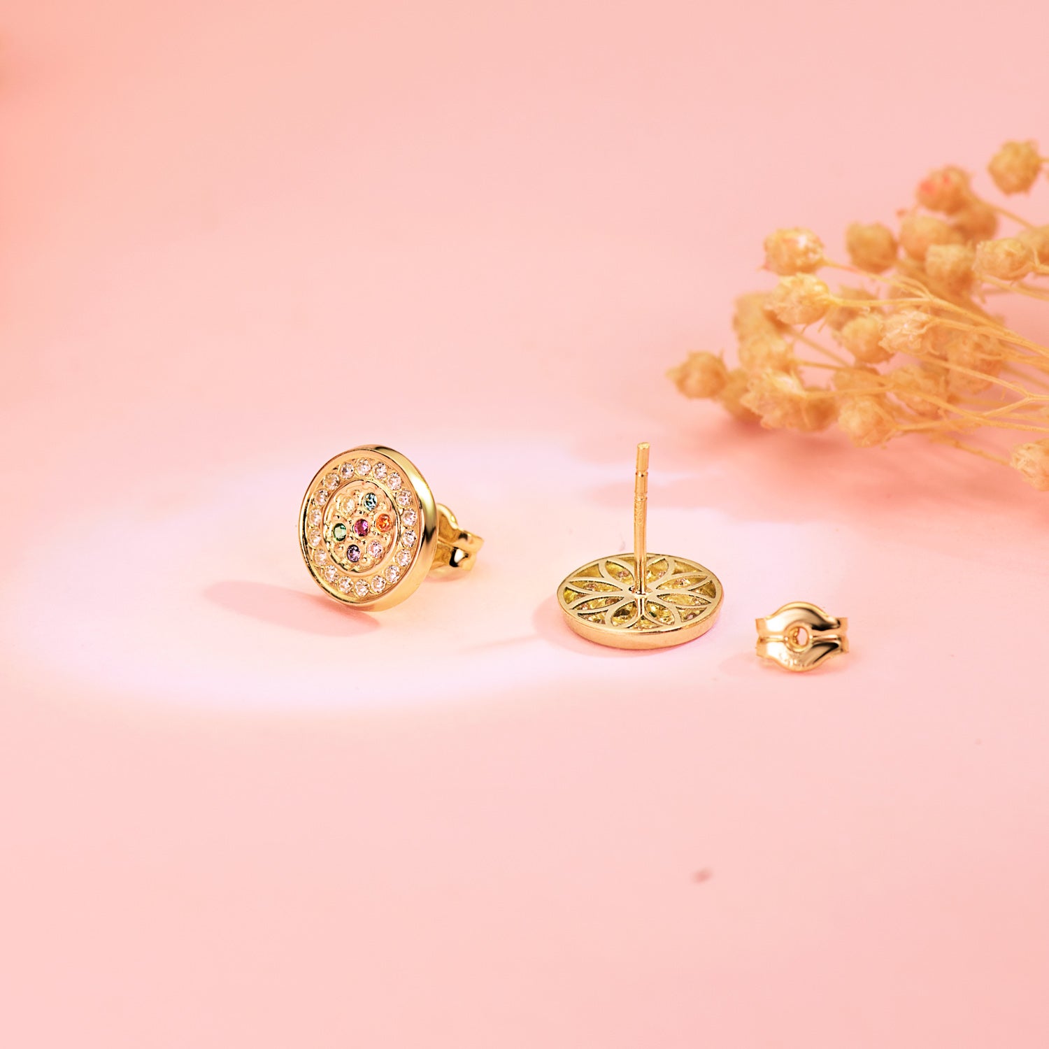 18K Boucles d'oreilles Or Jaune Ronds avec Zircons de Couleurs 9 Mm. Fermoir Poussettes