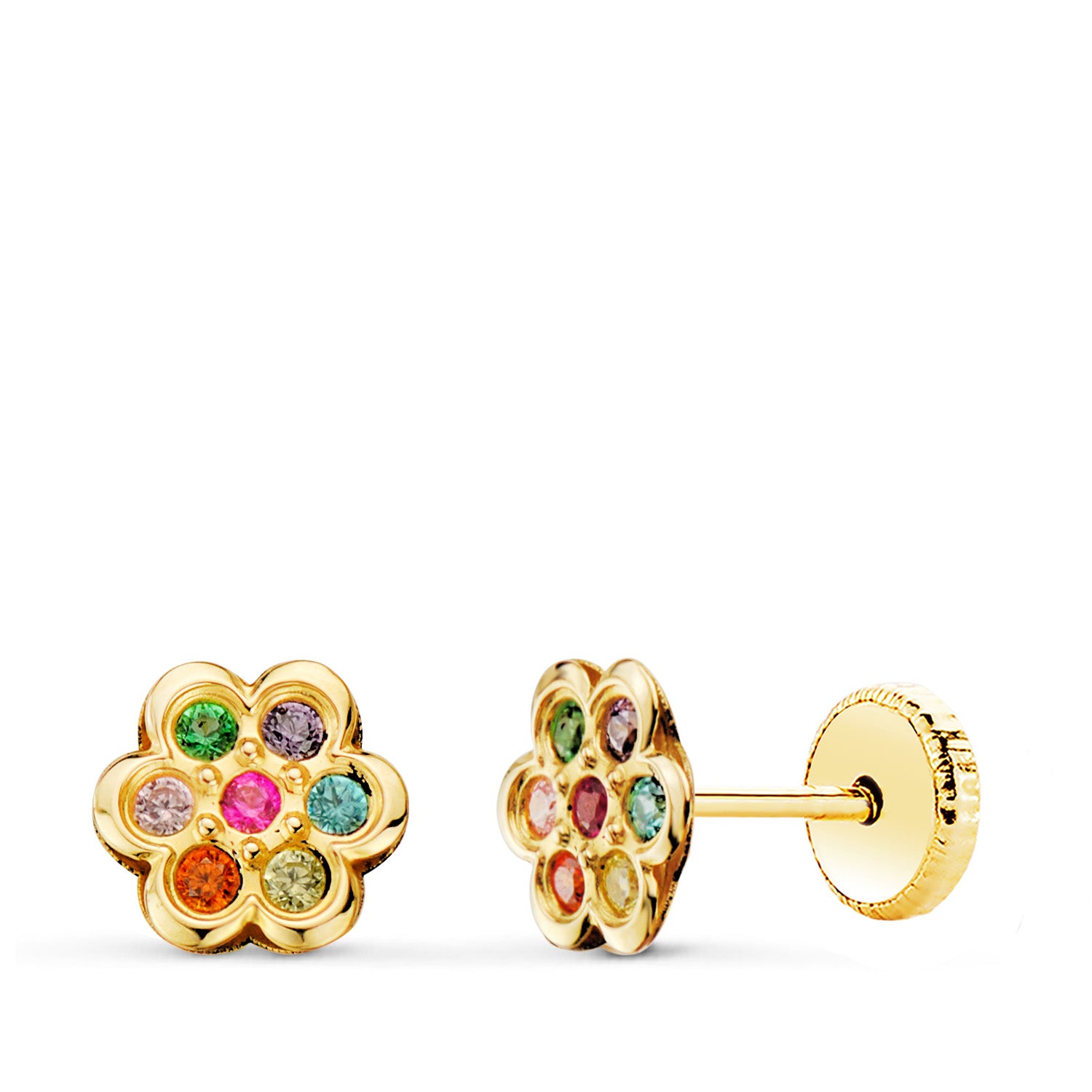 Boucles d'oreilles Or Jaune 18K Fleur avec Zirconia Couleurs 6X6 mm Fermoir a Vis