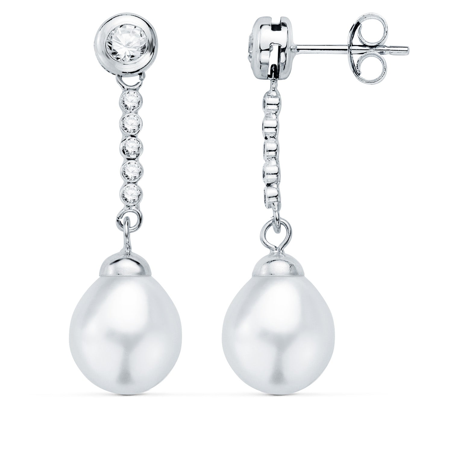 Pendientes Perlas y Bisel Oro Blanco 18K con Circonitas Cierre Mariposa 30X8MM