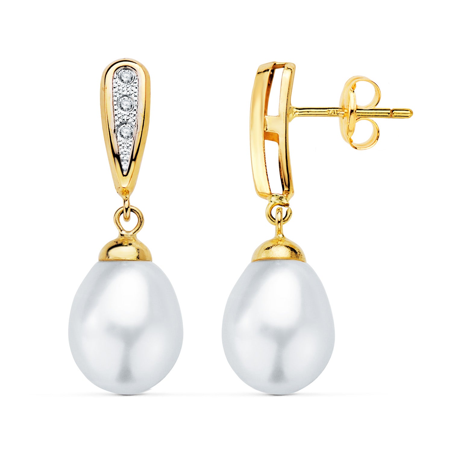 Brincos em ouro bicolor 18K com pérolas e zircônia fecho borboleta 25 x 9 mm
