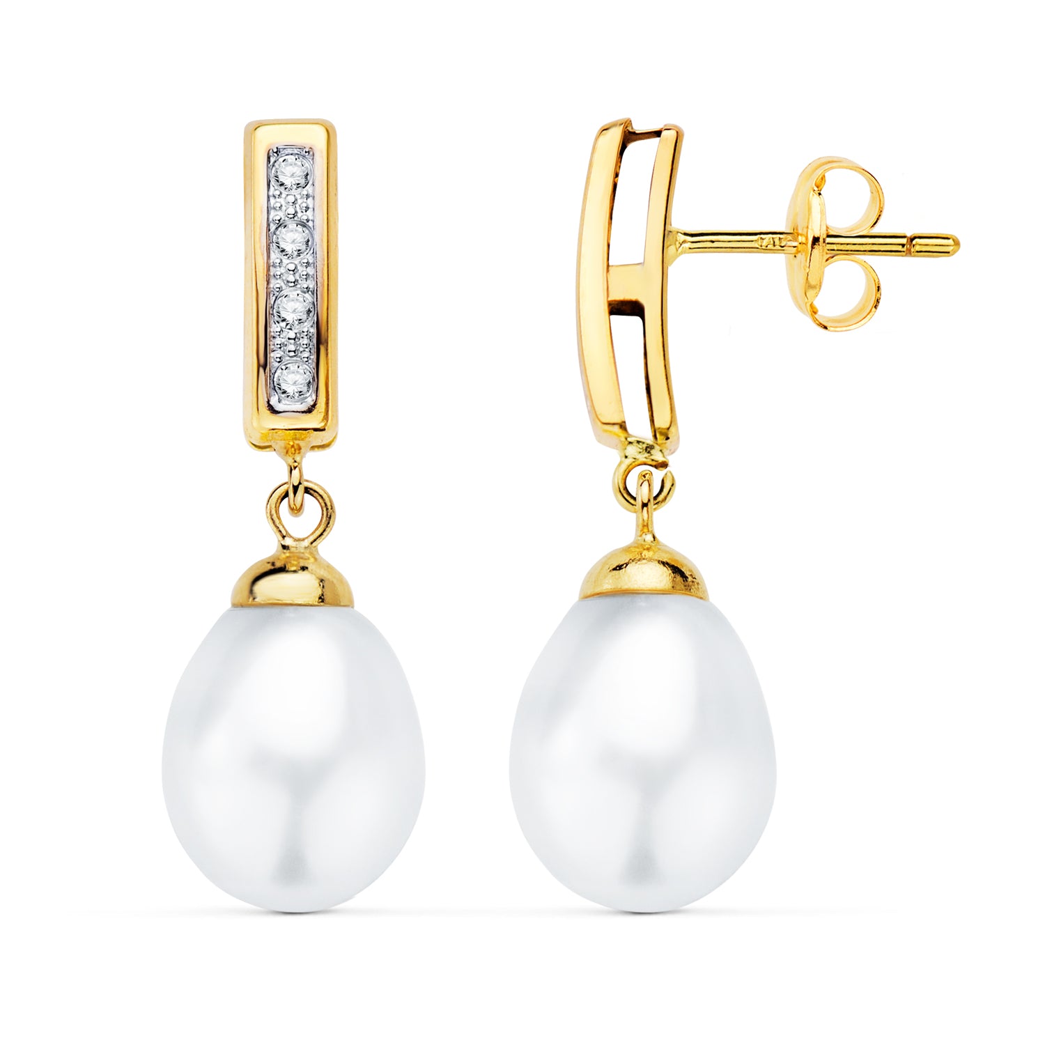 Pendientes Oro Bicolor de 18K con Perlas y Circonitas Cierre Mariposa 25 X 9MM