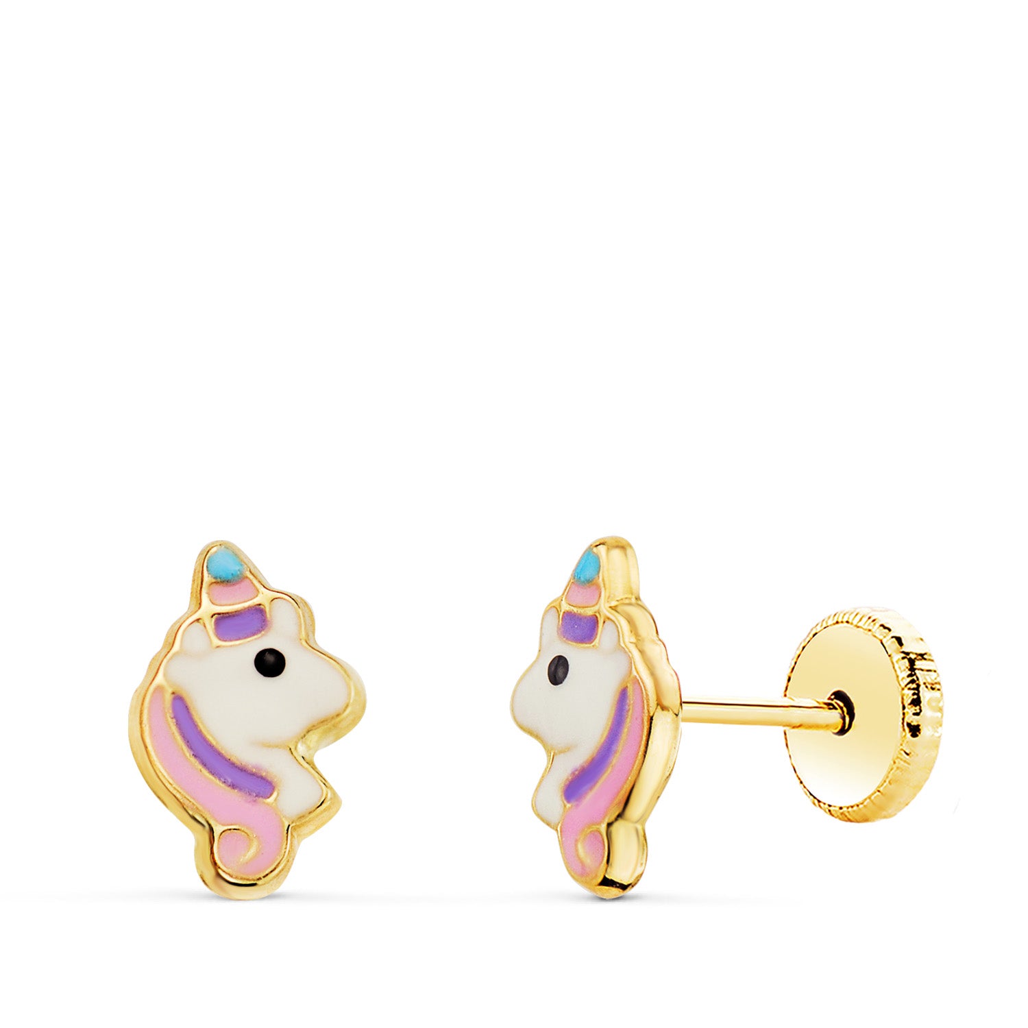 18K Clous d'oreilles Or Jaune Licorne Émail Fermpor à Vis 8X5 mm