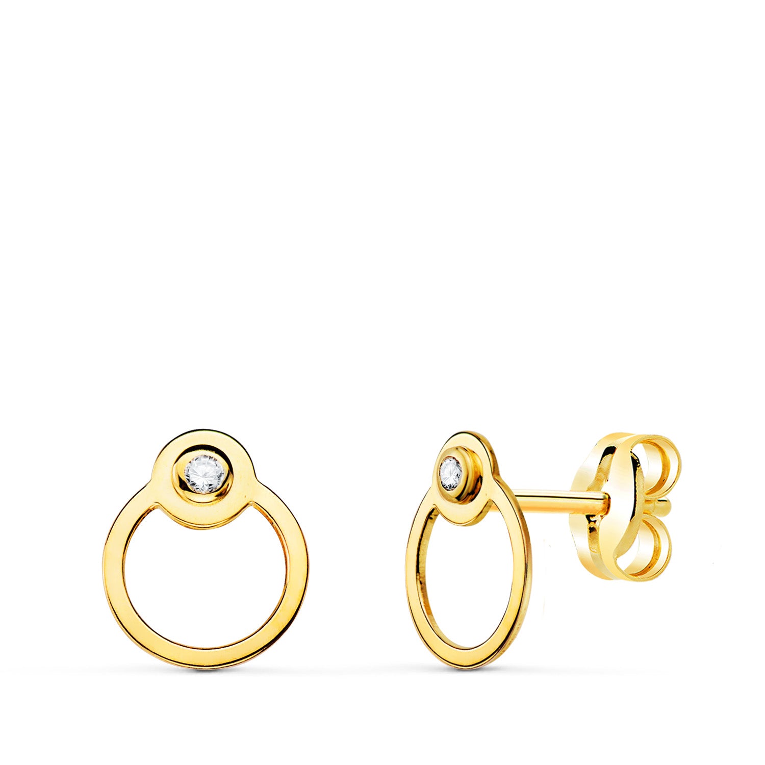 18K Boucles d'oreilles Or Jaune Cercle avec Zircon. Fermoir Poussettes 7X6 mm