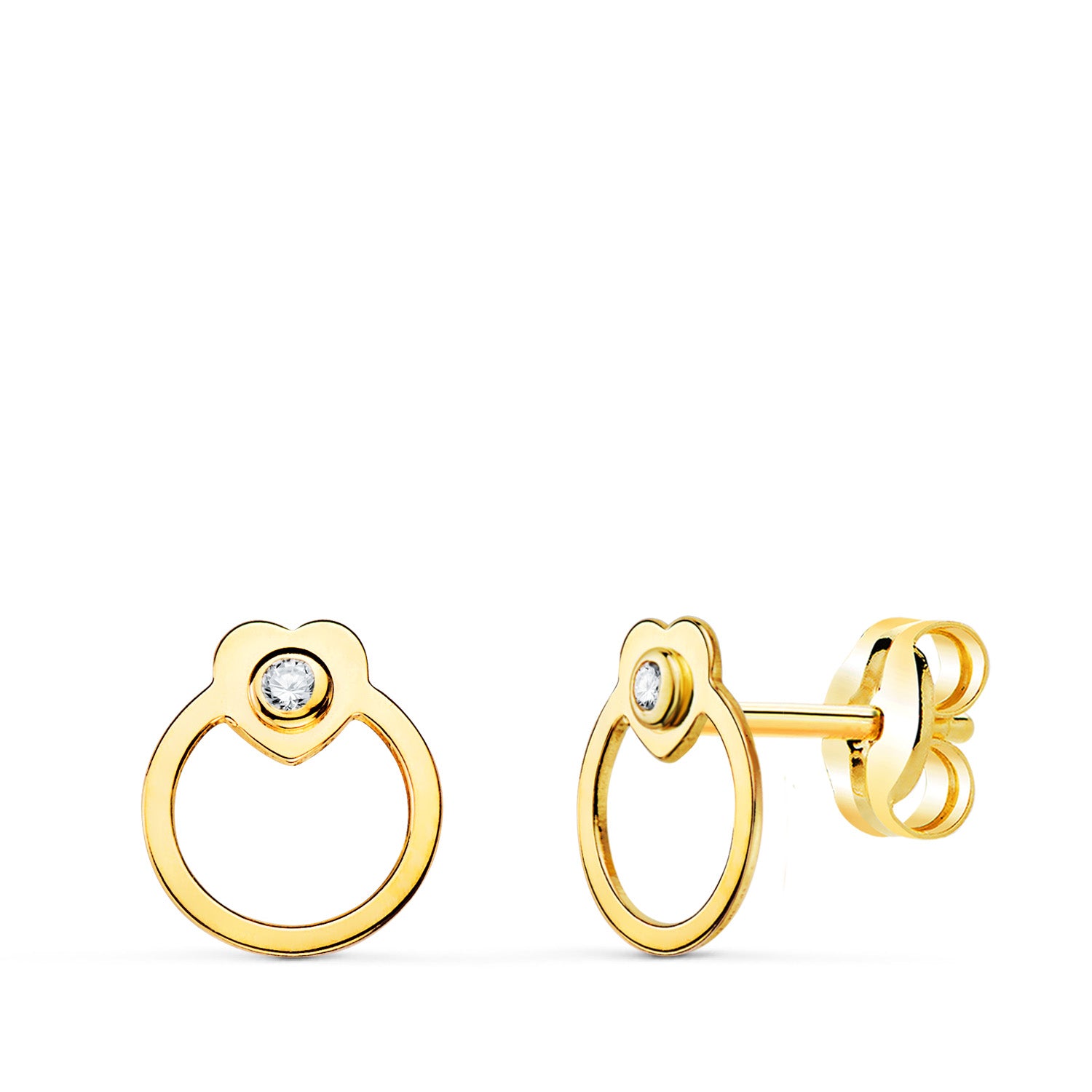 18K Boucles d'oreilles Or Jaune Ronds avec Coeur et Zircon. Fermoir Poussettes 7X6 M