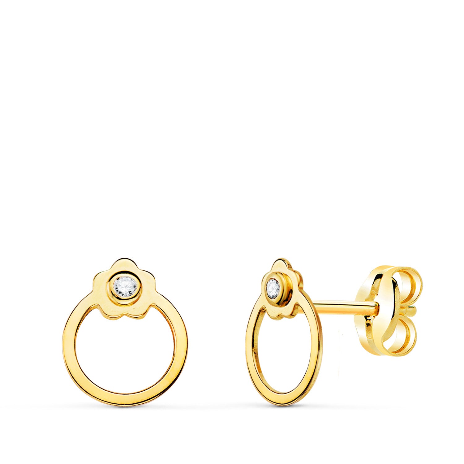18K Boucles d'oreilles en Or Jaune Rondes avec Fleur et Zircons. Fermoir Poussettes 8 X 6 mm