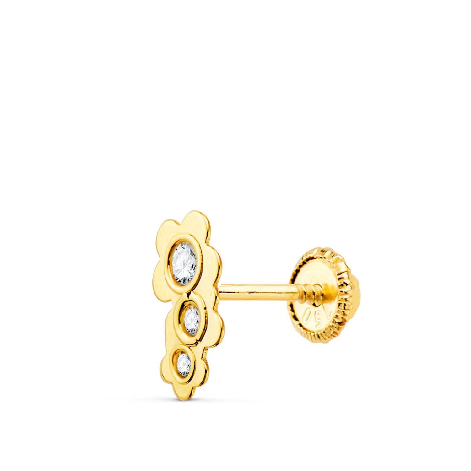 18K Piercing Oreille Or Jaune Trois Fleurs avec Zircons 7X4 mm