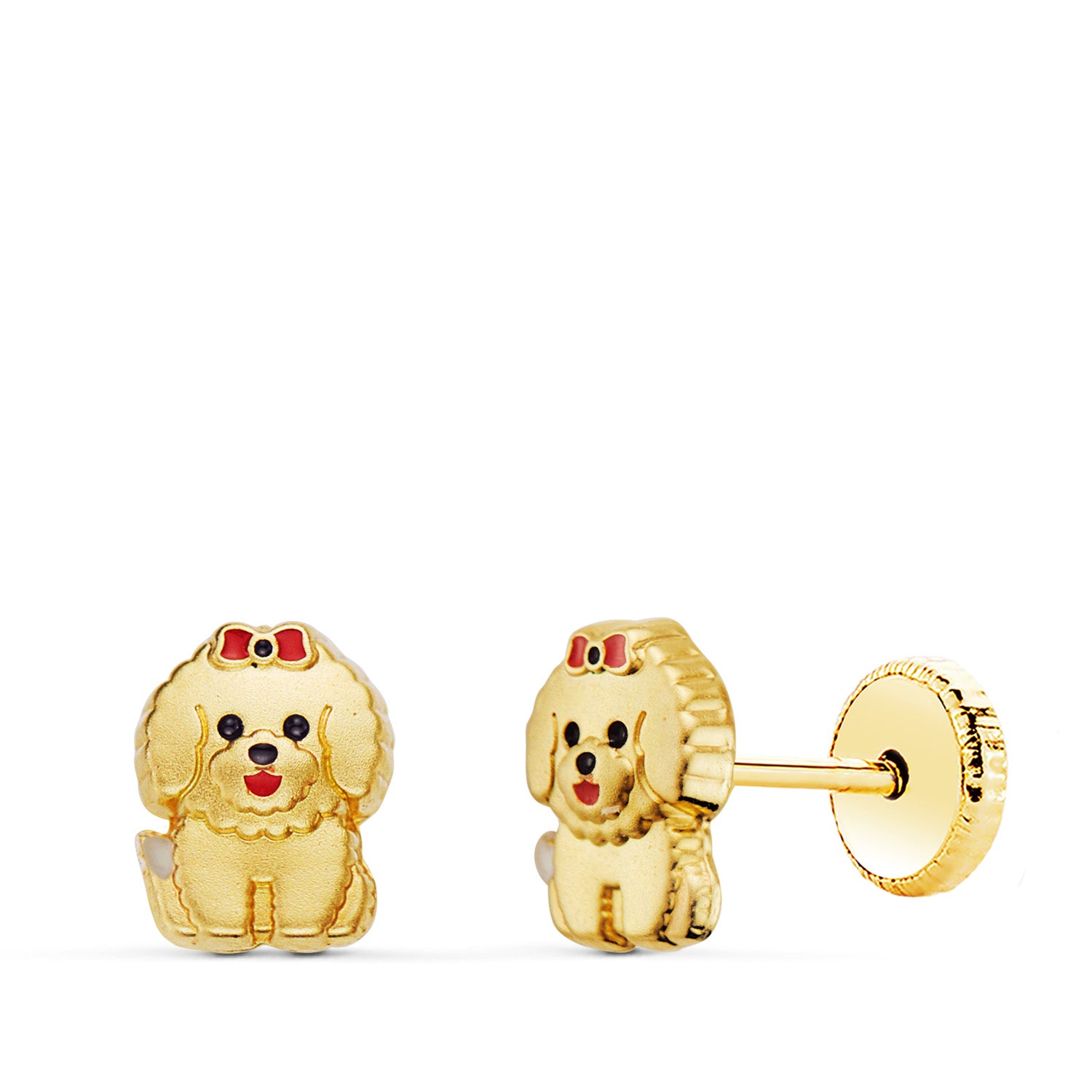 Pendientes Perro en Oro Amarillo de 18K con Esmalte. Cierre De Tornillo 6X5 mm