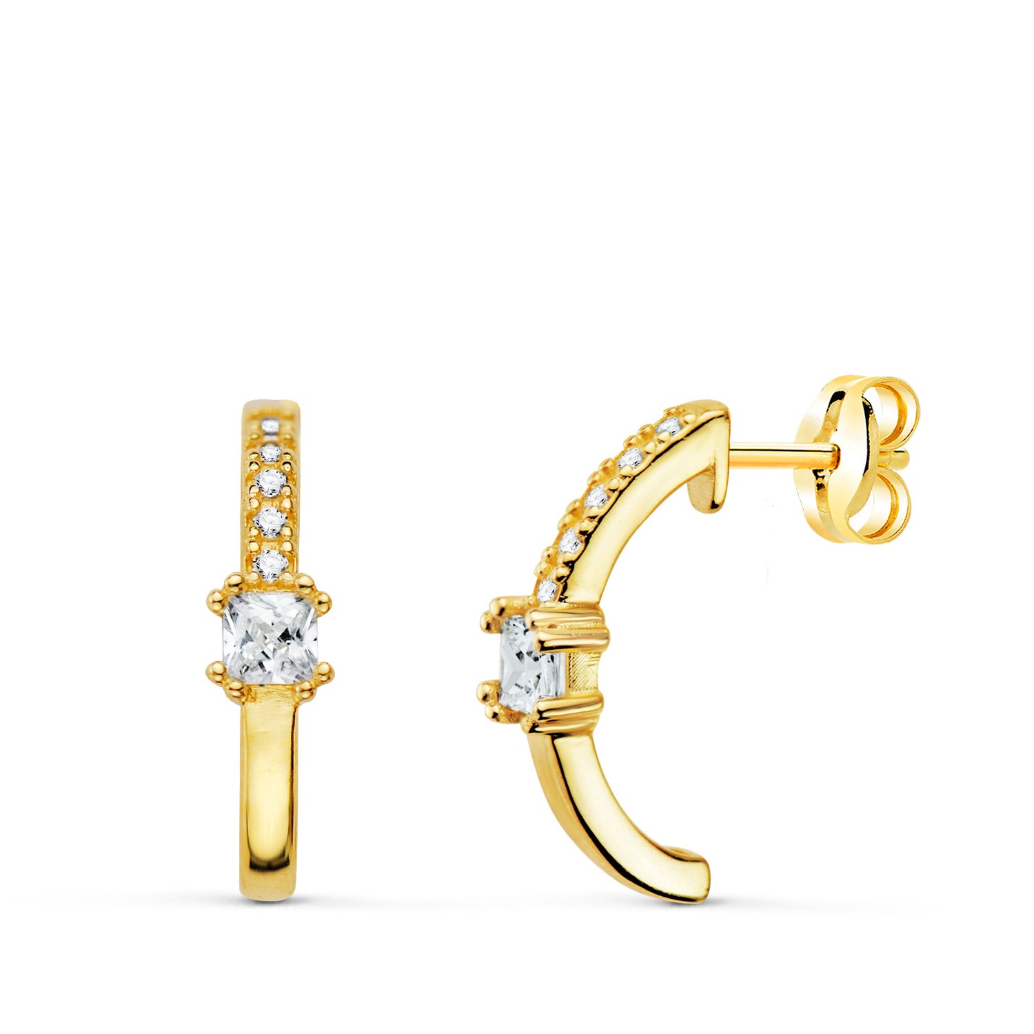 Boucles d'oreilles Or Jaune 18K Demi Créole Lisse Zircone 13 X 3 mm Fermoir Poussette Papillon