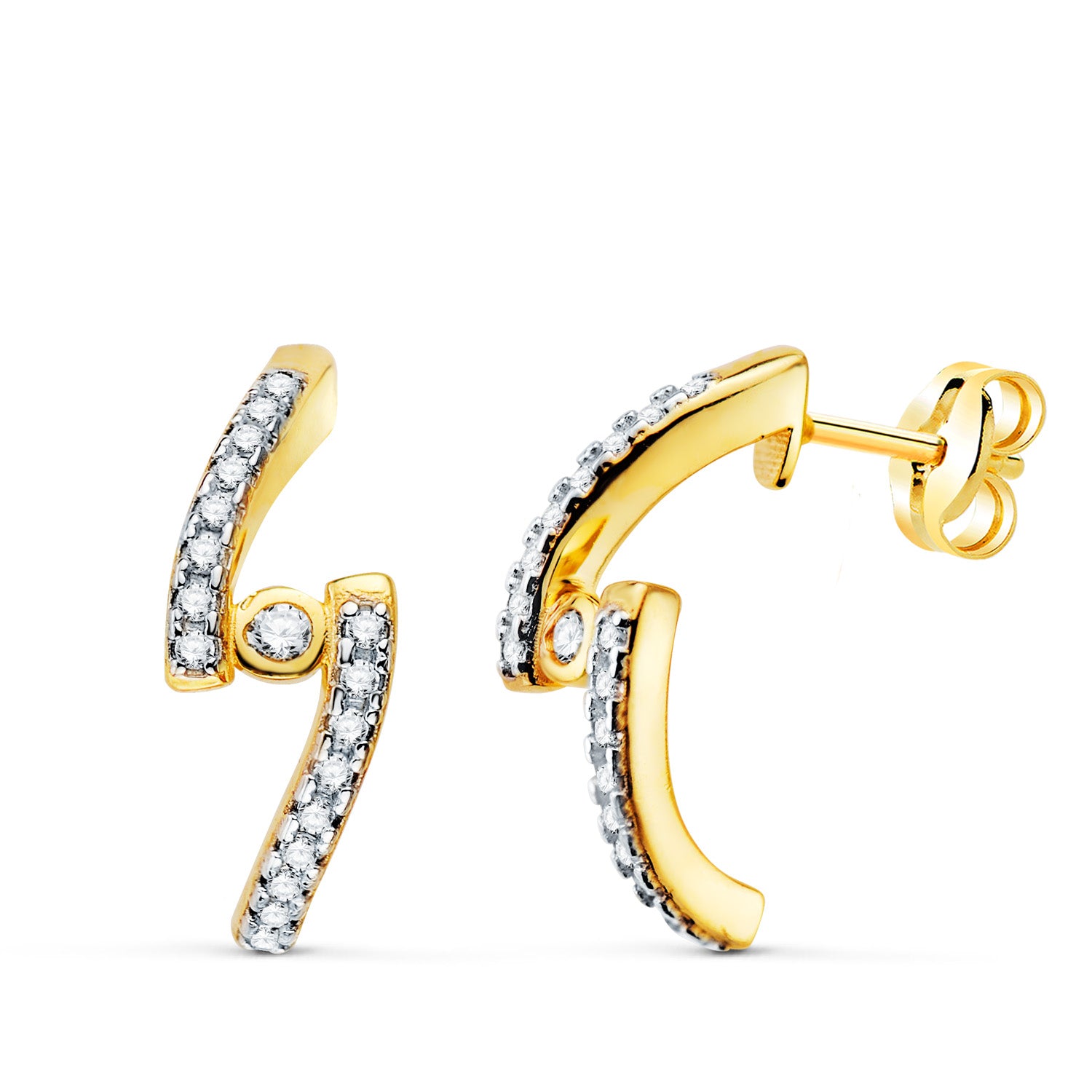 Pendientes Medio Aro Oro Amarillo 18K Doble Banda Circonitas 15 x 6 mm Cierre Mariposa Cochecito