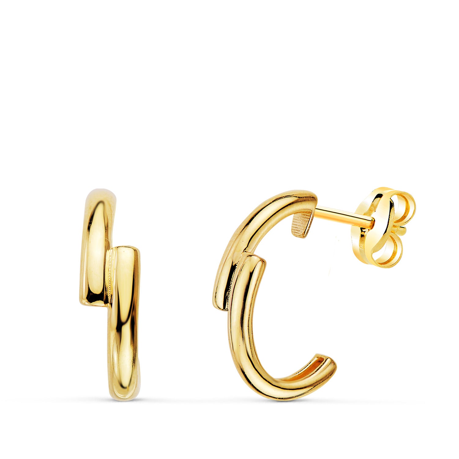 18K Boucles d'oreilles en Or Jaune Demi Créole Bande Double Brillant 13 X 4 mm Fermoir Poussettes Papillon