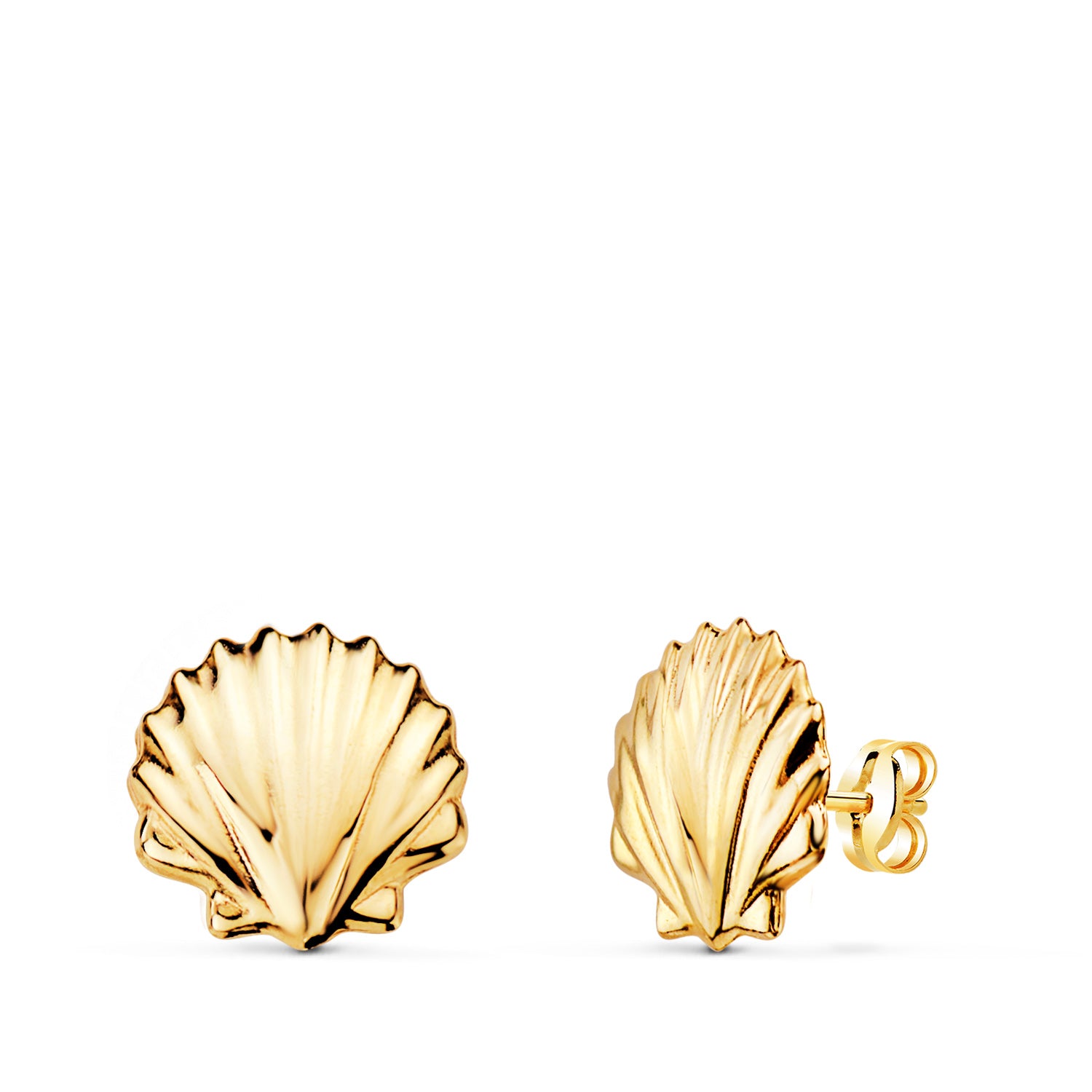 Boucles d'oreilles Or Jaune 18K Coquille Brillante 8 X 8 mm Fermoir Fermoir Pousseettes Papillon