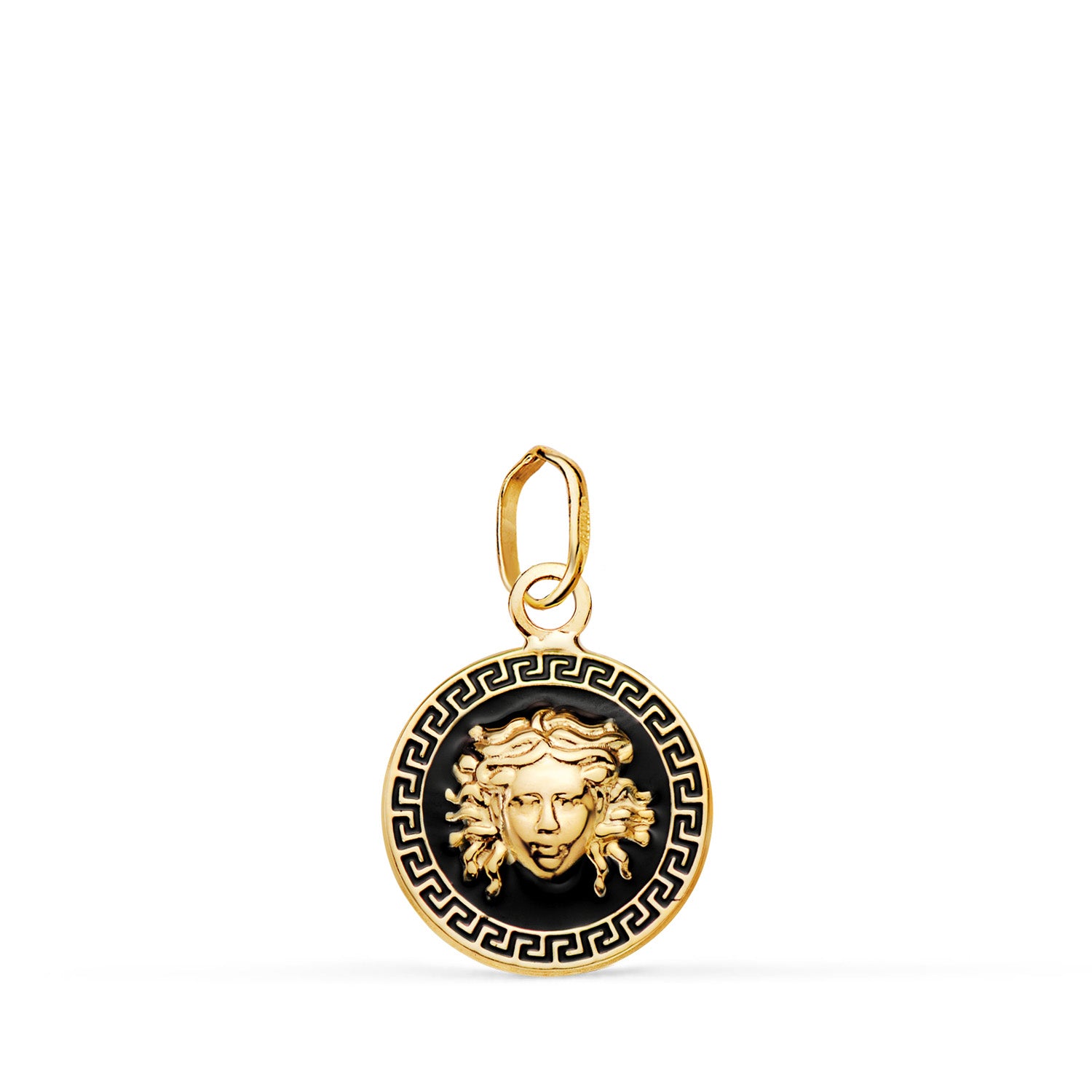 Médaillon en Or Jaune 18K avec Médaillon Greca en Émail Noir 12 mm