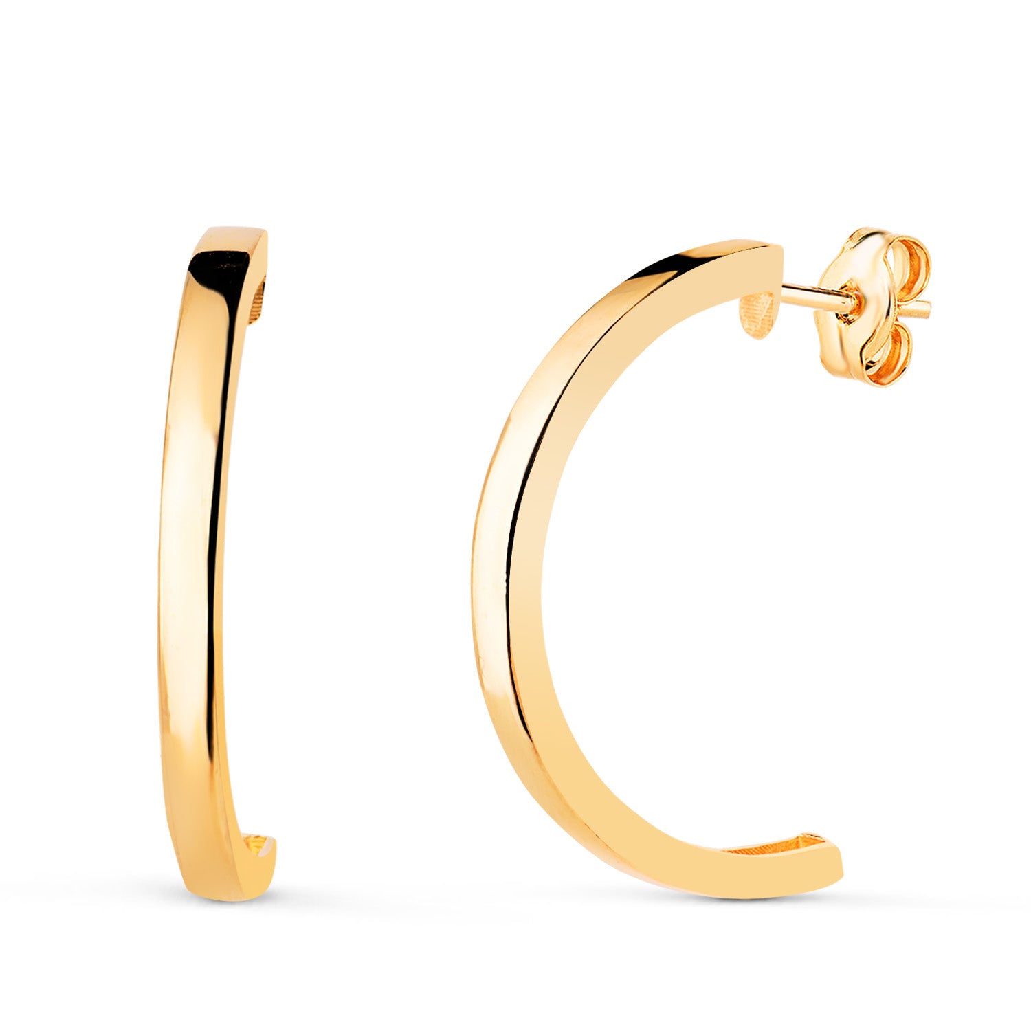 Boucles d'oreilles Ouvertes en Or Jaune 18K Demi-rondes Taille : 20 X 14 mm Épaisseur : 2 mm Fermeture Par Bouton Pression