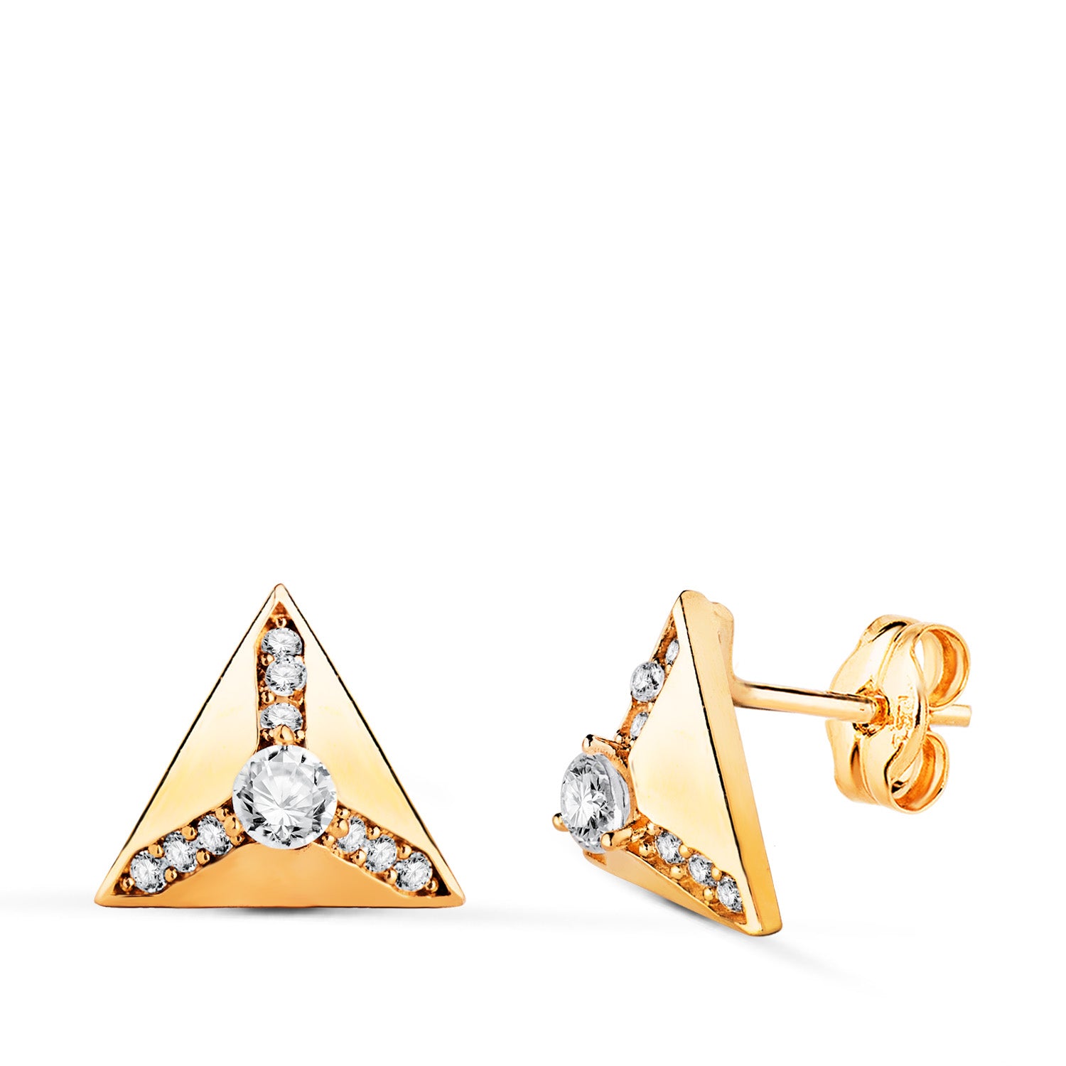 Boucles d'oreilles Pyramide Triangle en Or Jaune 18 Carats avec Zirconies Brillantes Taille: 10 X 10 mm Fermoir Poussettes Papillon