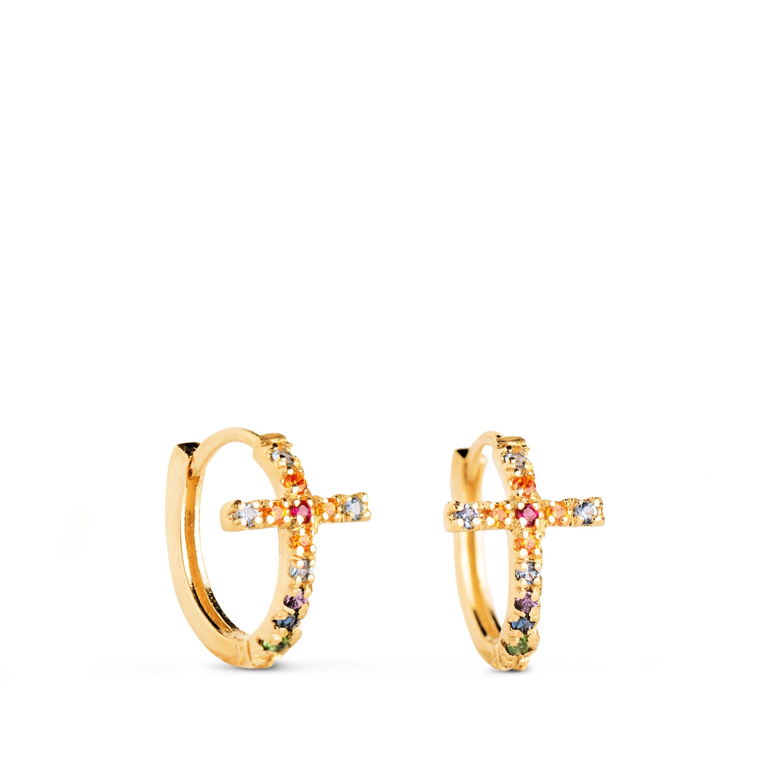 Créoles Croix en Or Jaune 18K avec Zircon Colorées Mesure: 11 X 7 mm Fermeture à Clip
