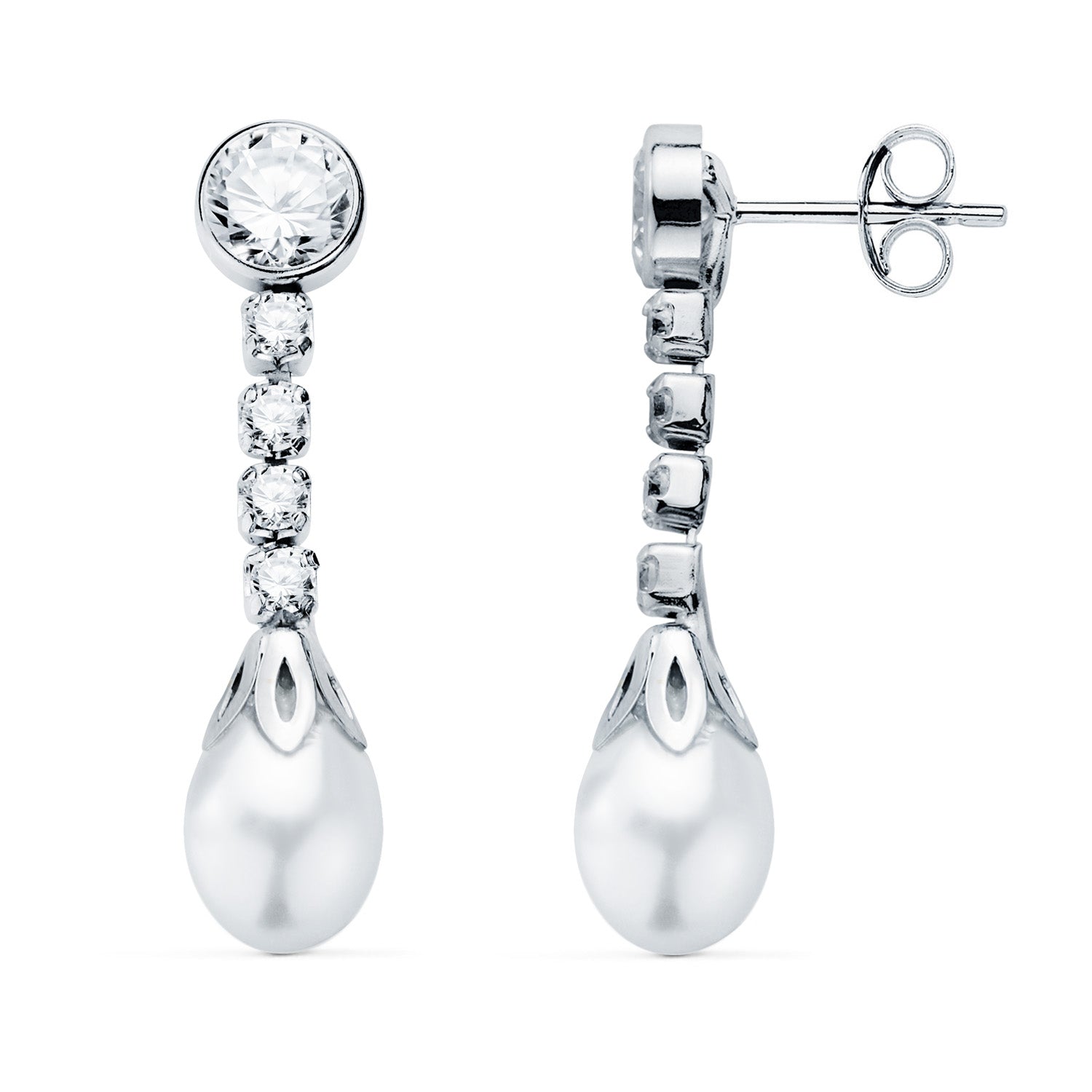 Pendientes de Perlas y Bisel Oro Blanco de 18 Quilates con Circonitas Cierre de Mariposa de 27 X 65 MM
