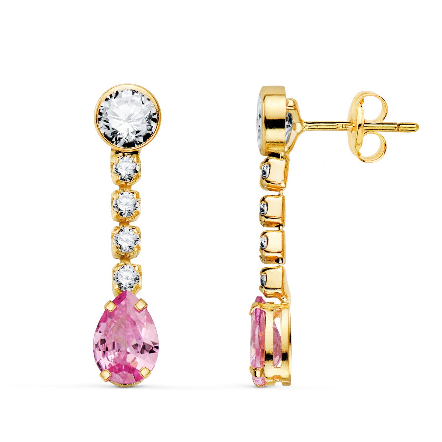 Boucles d'oreilles Pendantes en Or Jaune 18K avec Zircon Rose et Zircon 22X5 mm Fermoir Poussettes Papillon