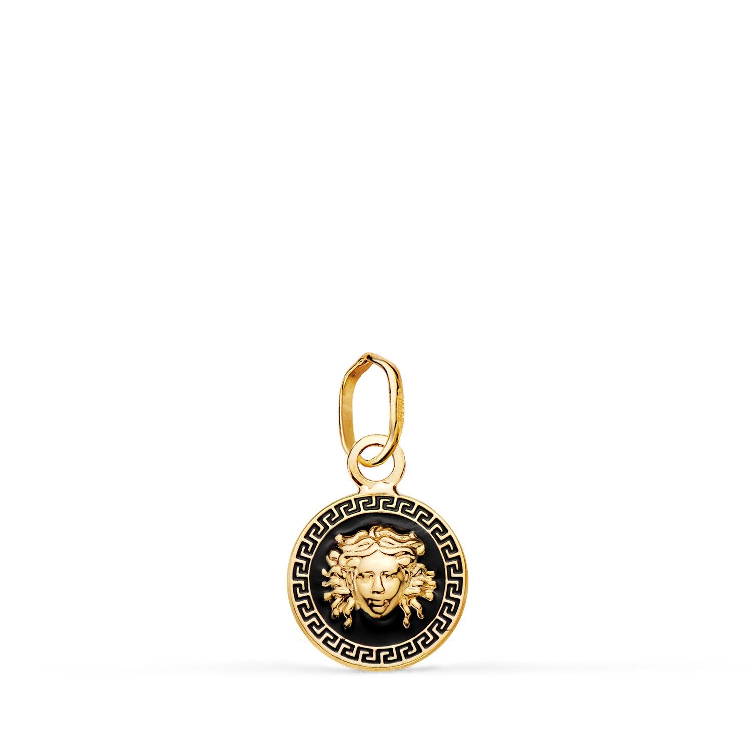 Médaillon en Or Jaune 18K avec Médaillon Greca en Émail Noir 10 mm