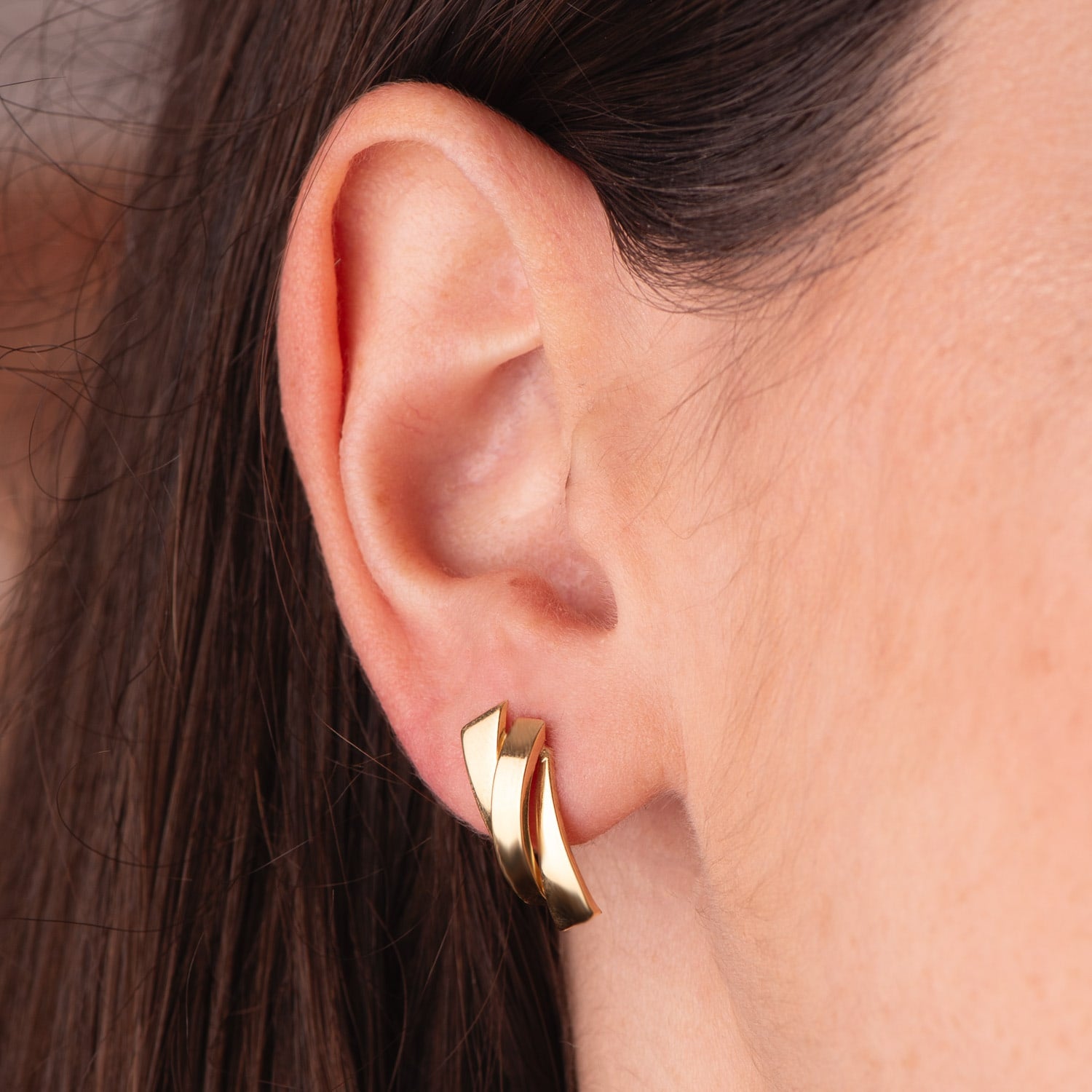 18K gul guld øreringe Tre glatte bånd 17 X 7 mm Butterfly Push lås